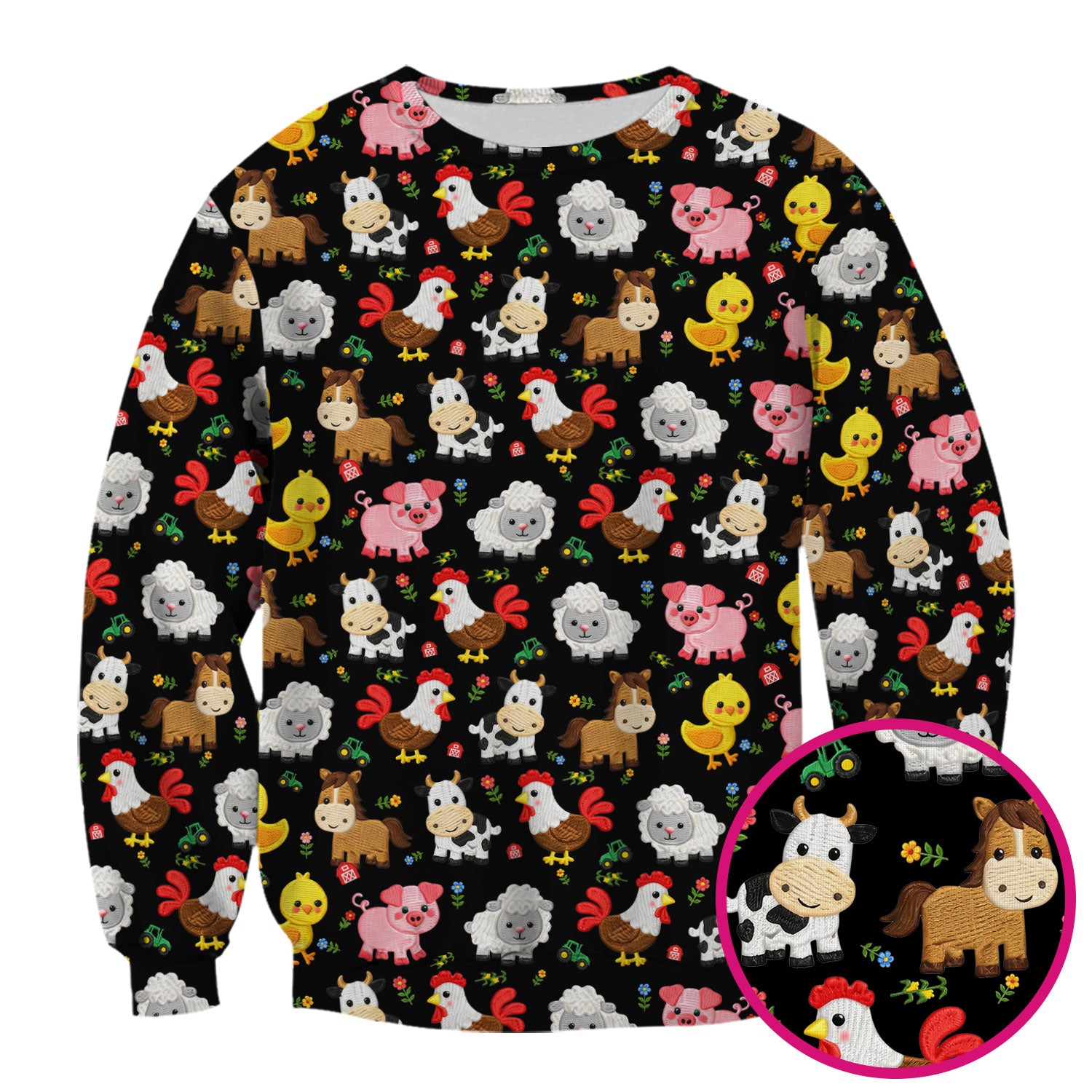 Cartoon Farm Animal Pattern Scrub Top, Breathable Fabrics Nursing Uniform