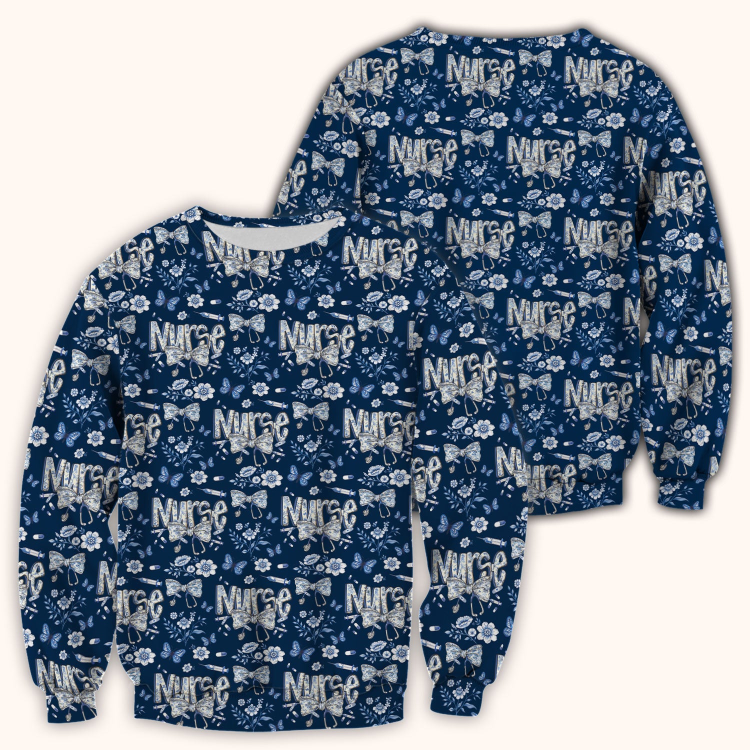 Blue Nurse Letter Bow Butterfly Floral Print Scrub Top, Comfortable Scrubs for Nurses