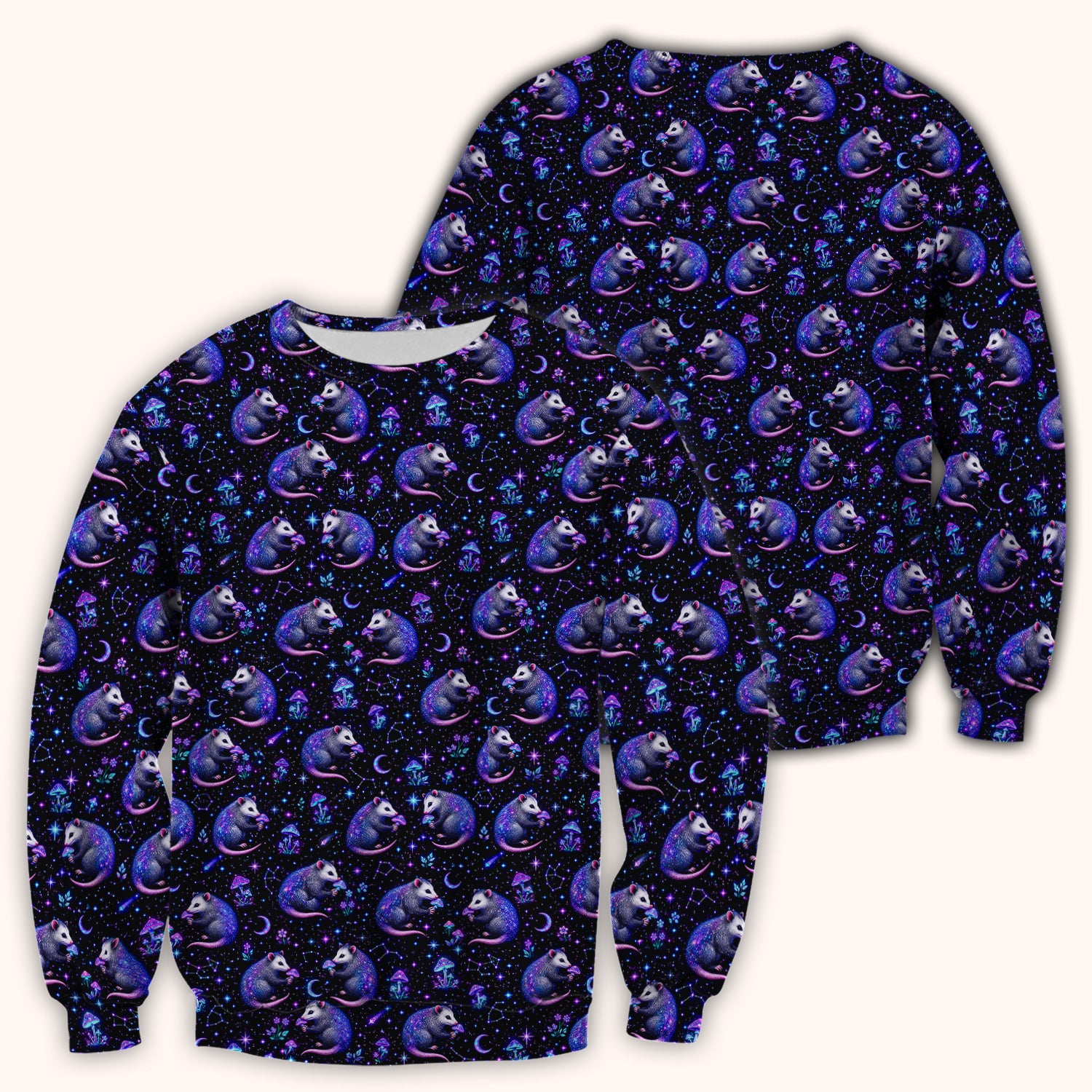 Celestial Purple Opossum With Mushroom Pattern Scrub Top, Comfortable Scrubs for Nurses
