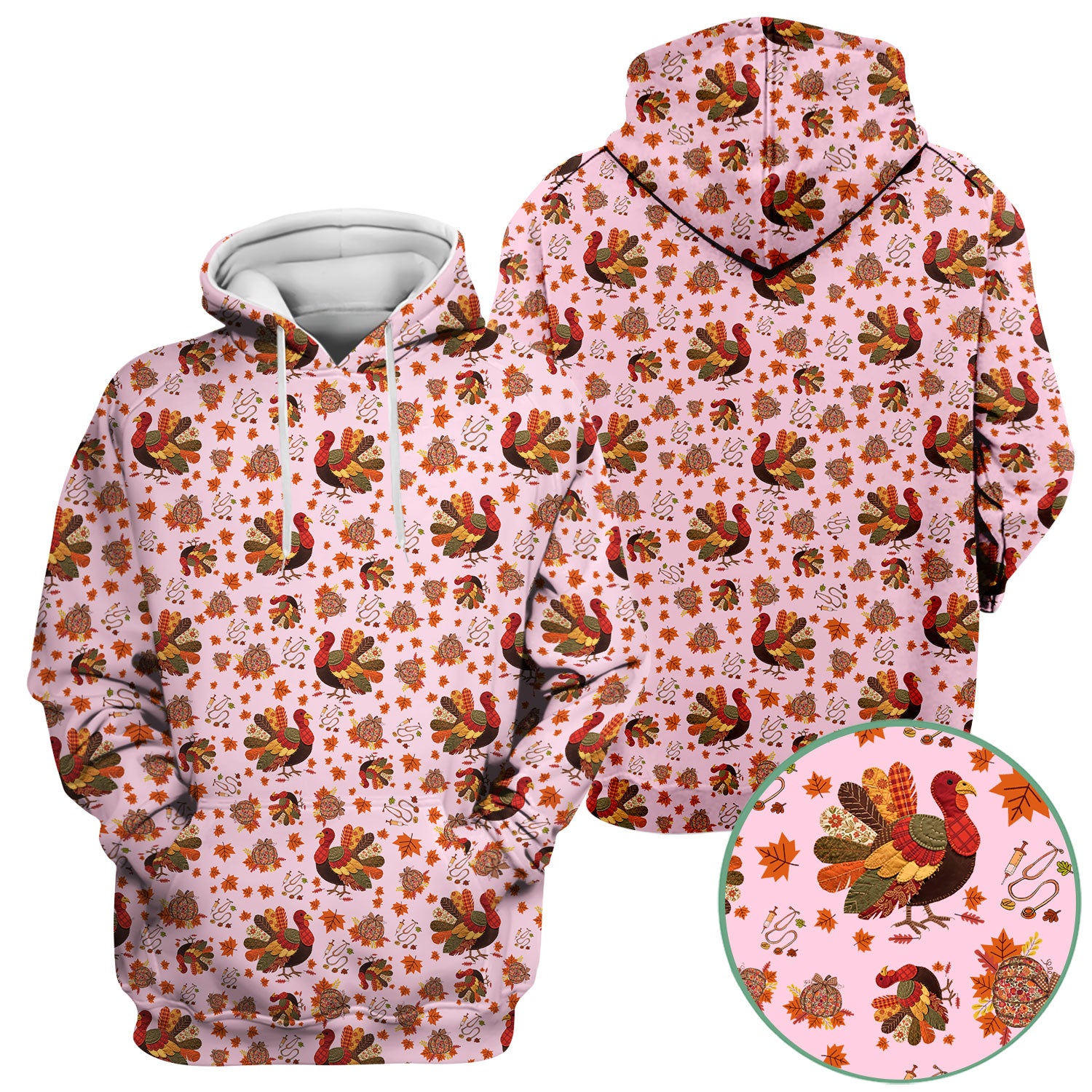 Thanksgiving Turkey Nurse Scrub Top for Women - Fall Leaves Pattern Shirts - Autumn Nursing Uniform Gift for RN LPN CNA