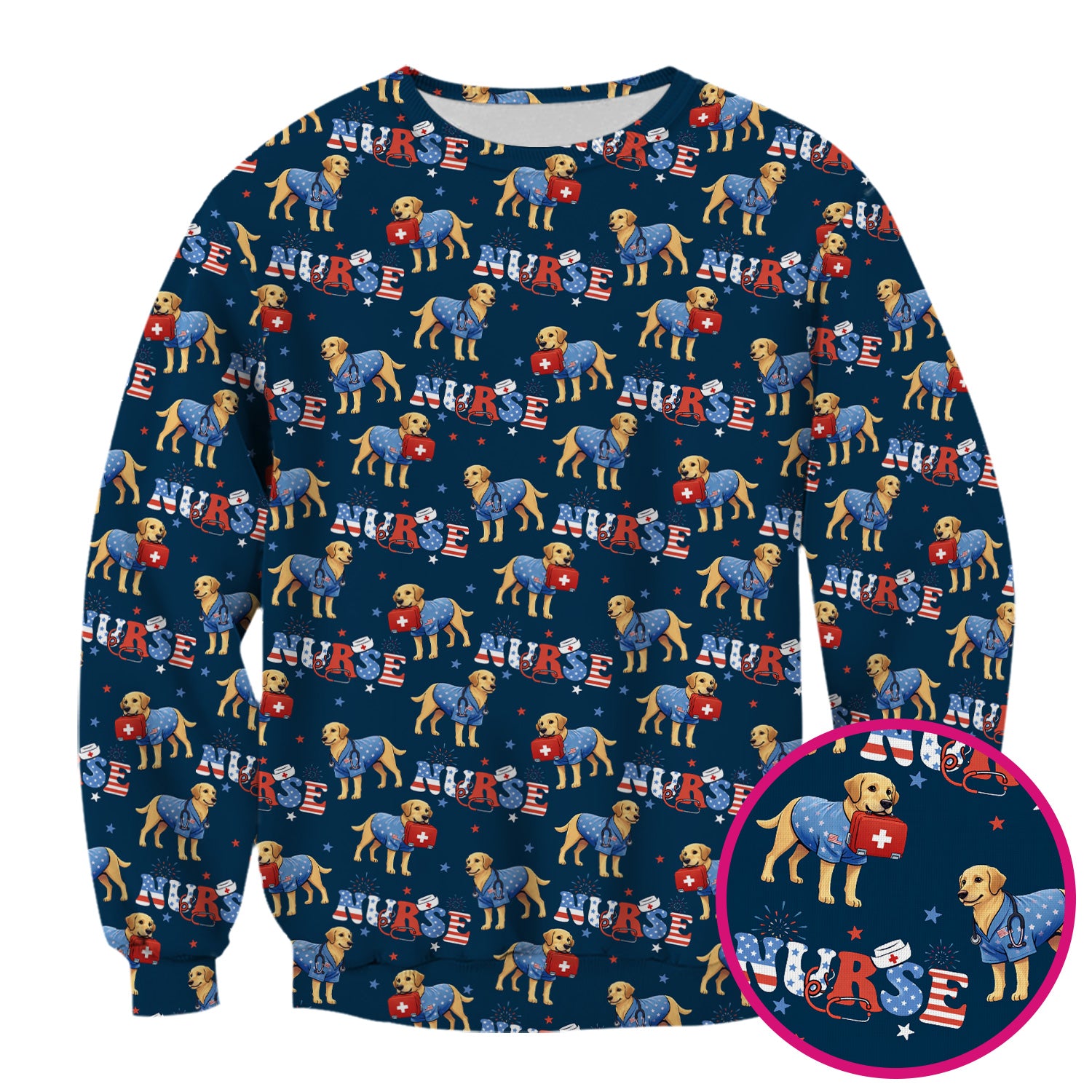 Patriotic Nurse Dog Medical Pattern Scrub Top, Breathable Fabrics Nursing Uniform
