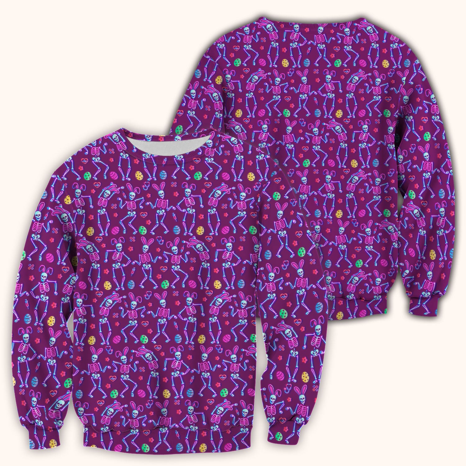 Neon Easter Skeleton Pattern Scrub Top, Comfortable Scrubs for Nurses
