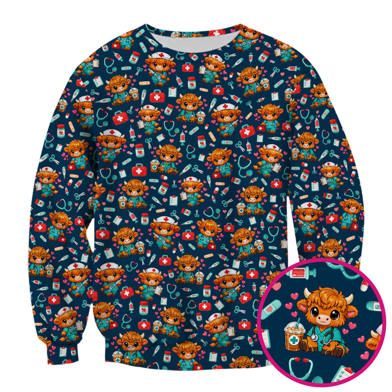 Cute Highland Cow Nurse Scrub Top, Kawaii Medical Pattern Shirt, Breathable Fabrics Nursing Uniform