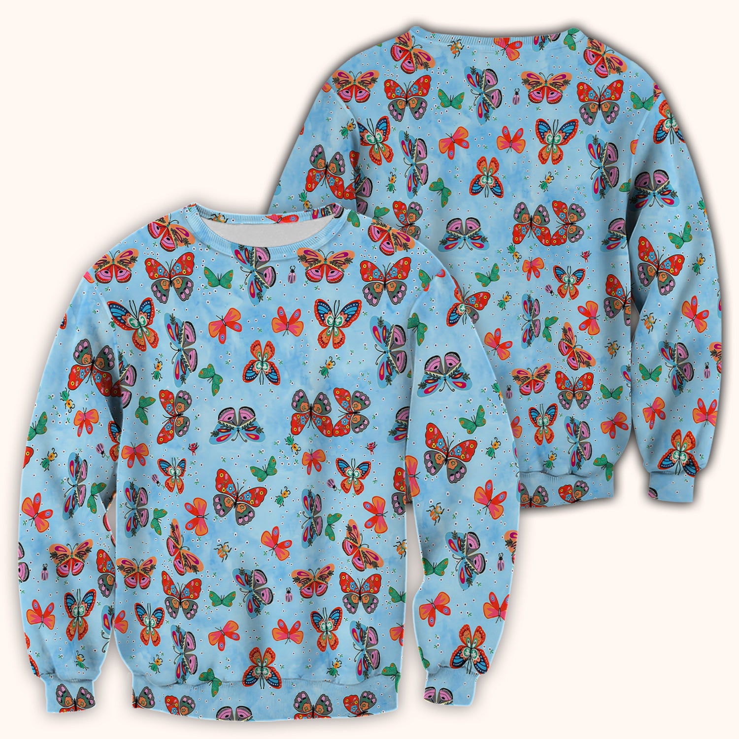 Colorful Butterfly Garden Pattern Scrub Top, Breathable Fabrics Nursing Uniform