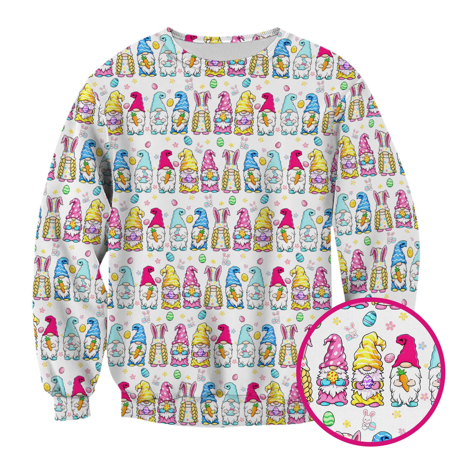 Colorful Easter Gnome Bunny Eggs Print Scrub Top, Comfortable Scrubs for Nurses