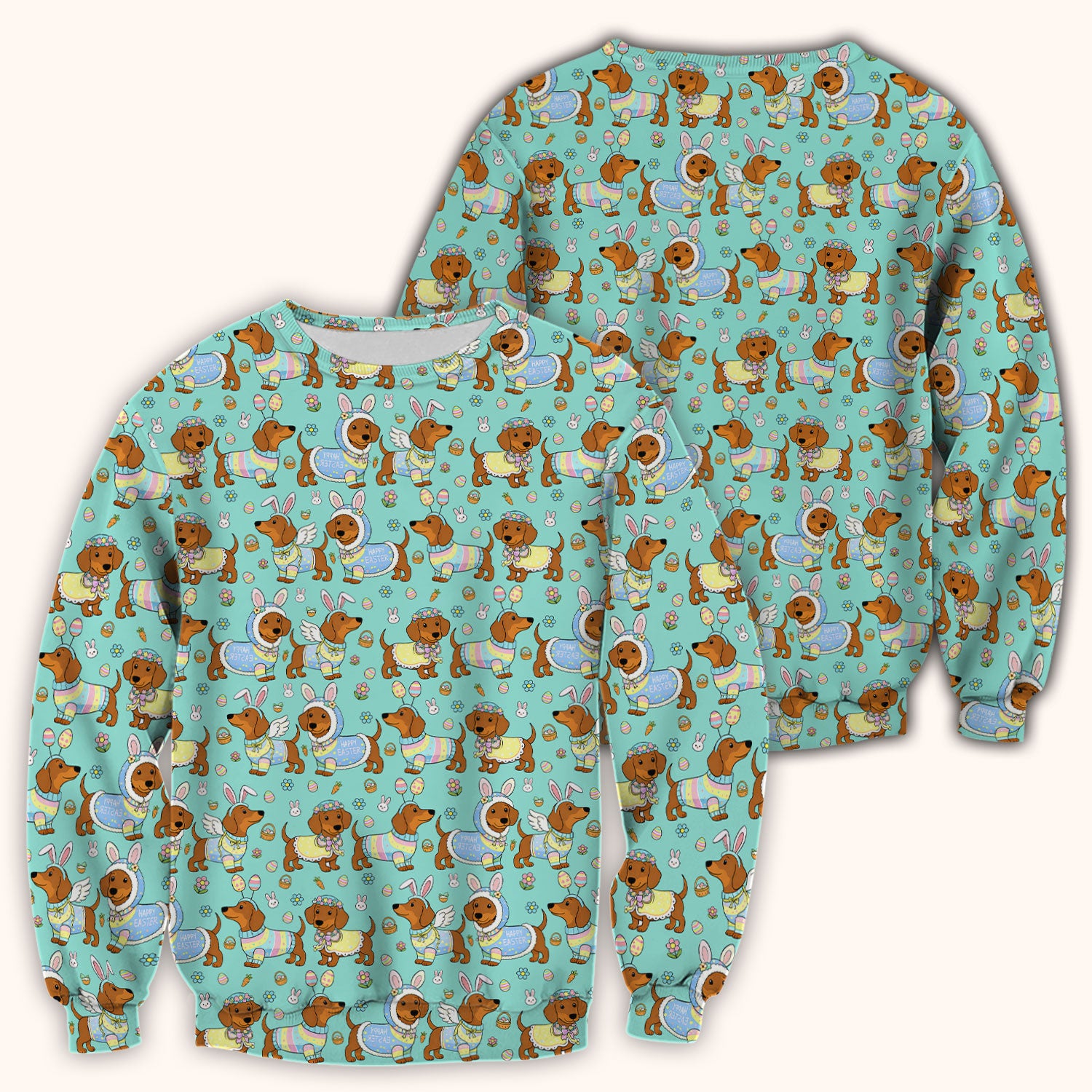 Easter Dachshund Bunny Print Scrub Top, Breathable Fabrics Nursing Uniform