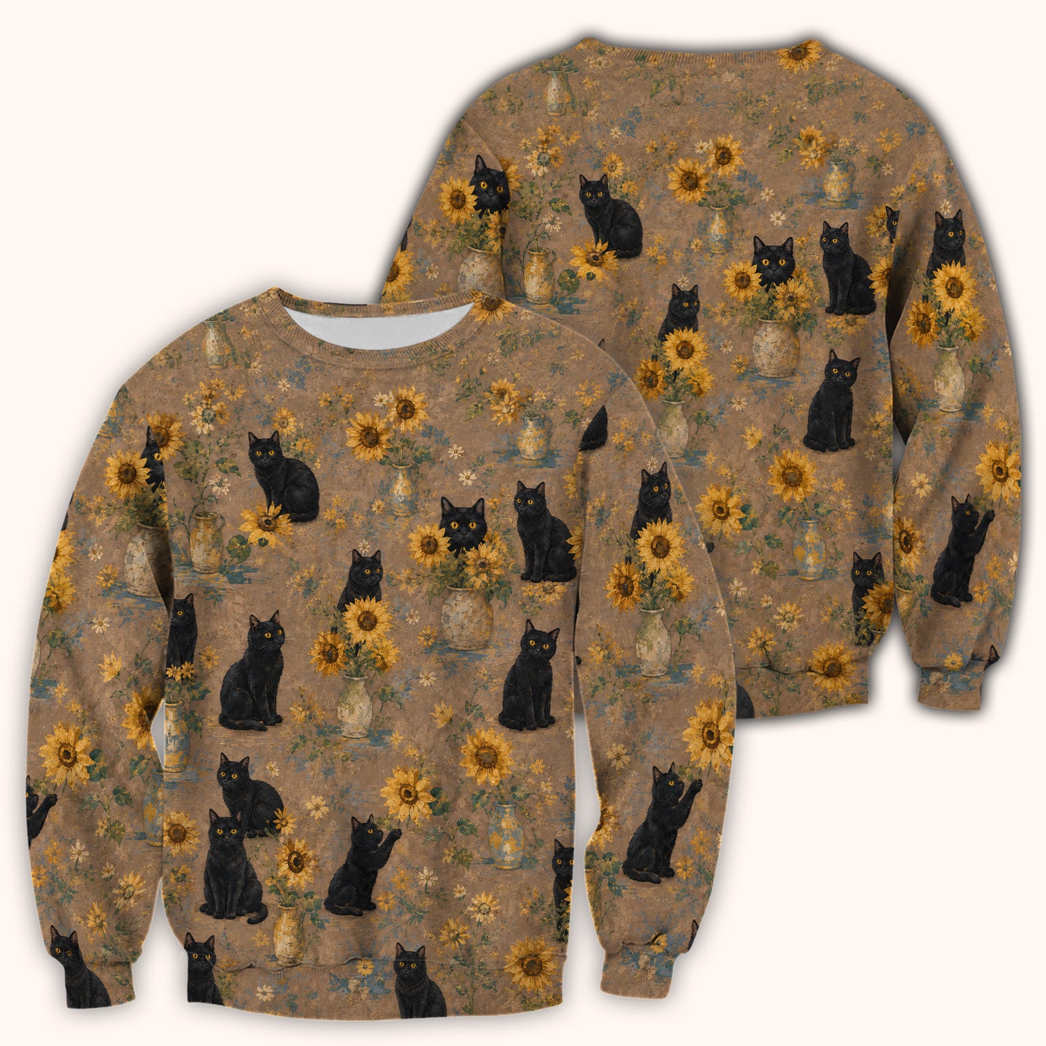 Rustic Sunflower Black Cat Print Scrub Top, Comfortable Scrubs for Nurses