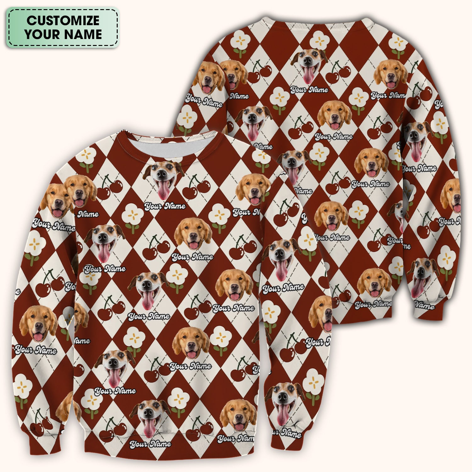 Custom Dog Face Scrub Top, Playful Dog Cherry Argyle Pattern Shirt, Comfortable Scrubs for Nurses