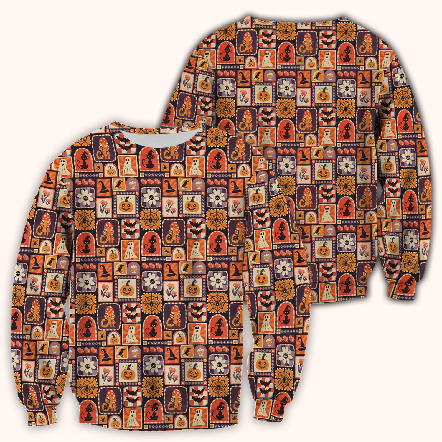 Retro Halloween Patchwork Icons Scrub Top, Comfortable Scrubs for Nurses