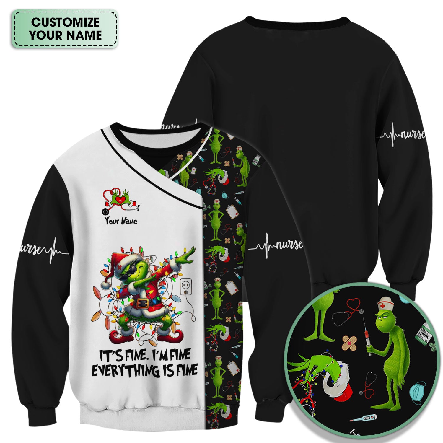 Funny Grinch Christmas Nurse Scrub - Everything Is Fine Shirt - Holiday Medical Uniform for Women - Xmas Gift for RN LPN CNA