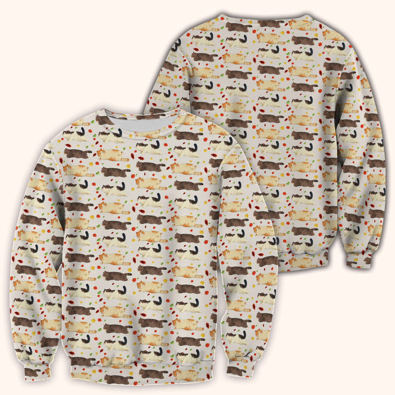 Chubby Cat Autumn Leaves Print Scrub Top, Breathable Fabrics Nursing Uniform