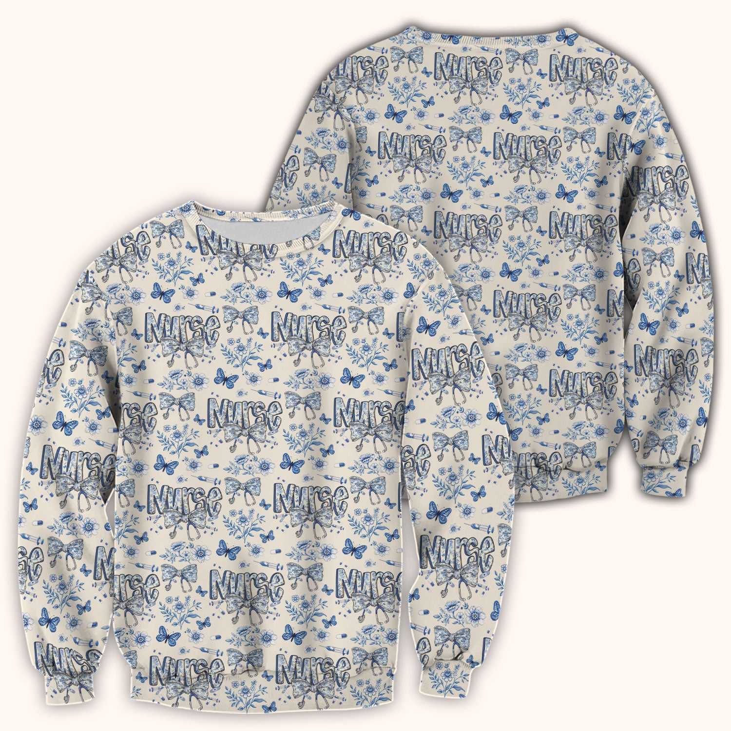 Blue Nurse Letter Bow Butterfly Floral Print Scrub Top, Comfortable Scrubs for Nurses