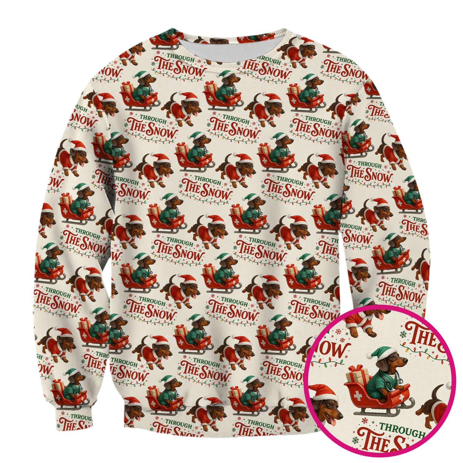 Dachshund Christmas Scrub Top, Cute Dog Nurse Scrub Shirt, Through The Snow Pattern Nursing Uniform