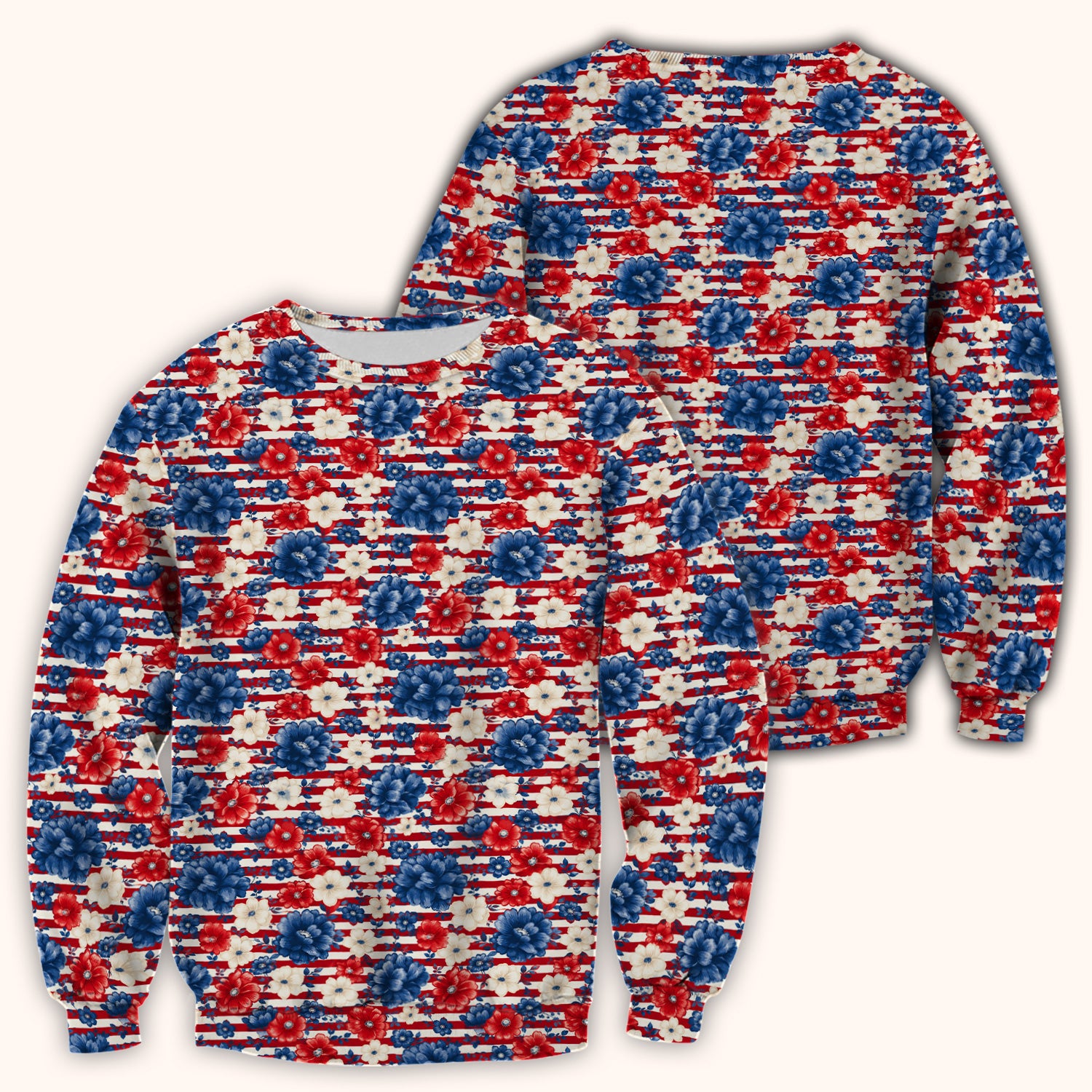 Patriotic Nurse Floral Stripe Pattern Scrub Top, Comfortable Scrubs for Nurses