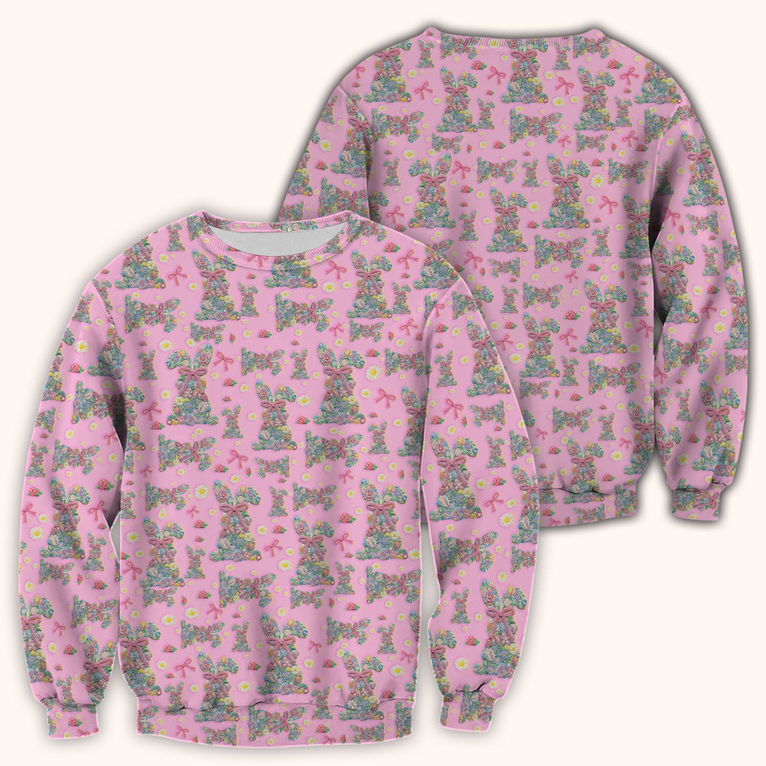 Colorful Floral Bunny with Pink Bow Pattern Scrub Top, Breathable Fabrics Nursing Uniform, Easter