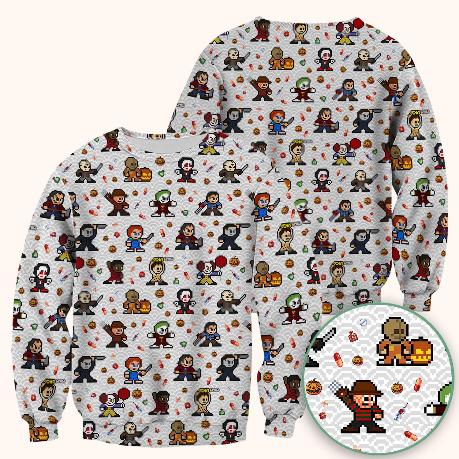 Halloween Horror Pixel Scrub - Retro Scary Character Med Uniform - Comfortable Scrubs for Nurses - Spooky Gift for RN LPN CNA