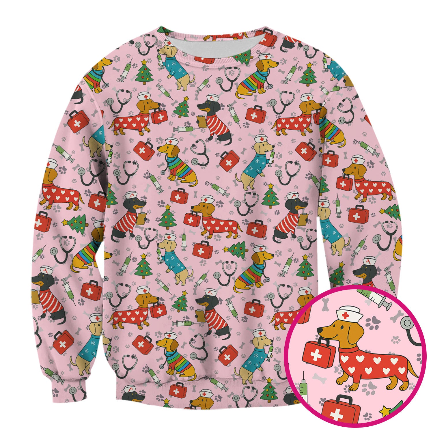 Christmas Dachshund Scrub Top - Funny Dog Nurse Scrubs Multi Color - Holiday Scrub Shirt Gift for Women Men, CNA, RN, Medical Professional