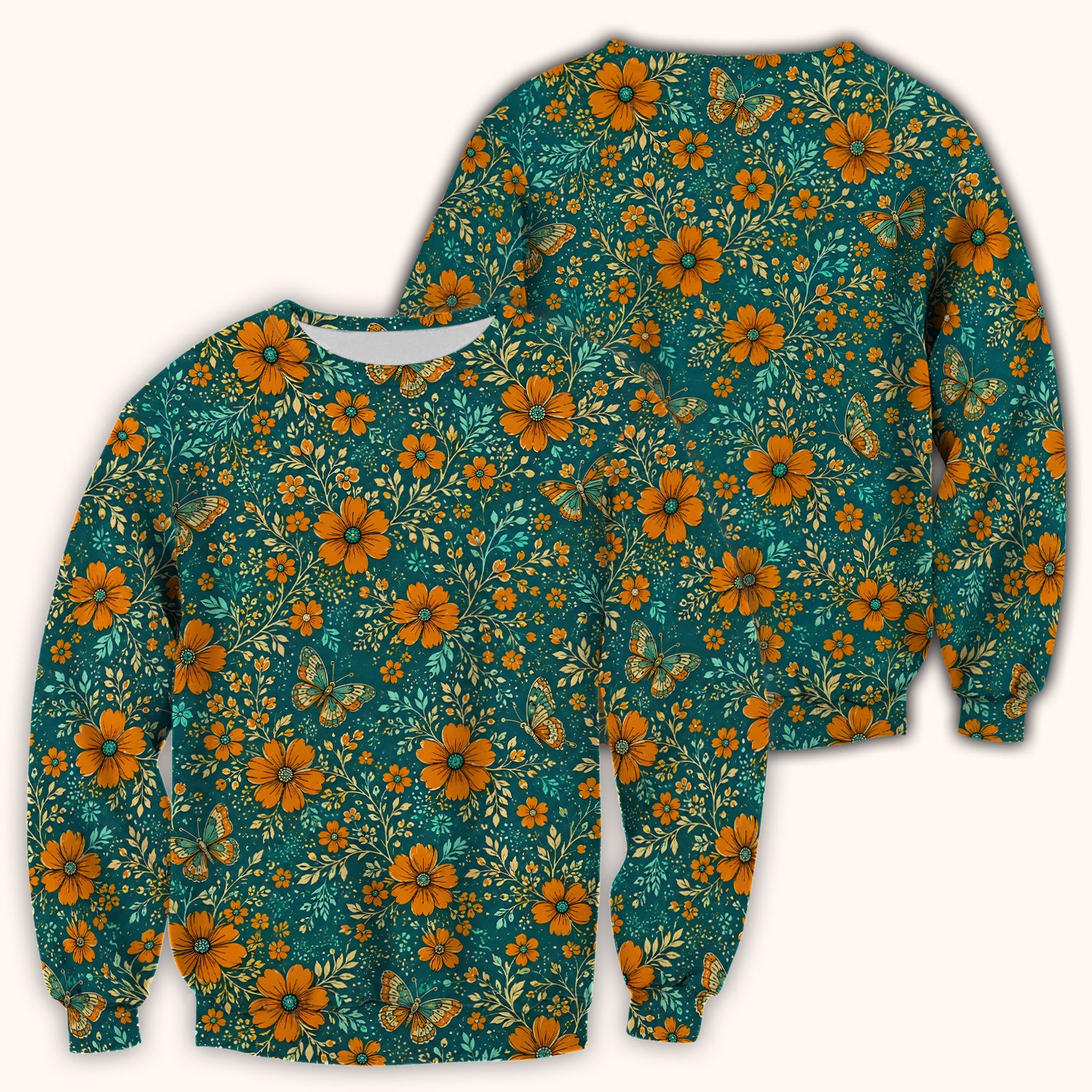 Orange Floral Butterfly Vine Pattern Scrub Top, Comfortable Scrubs for Nurses