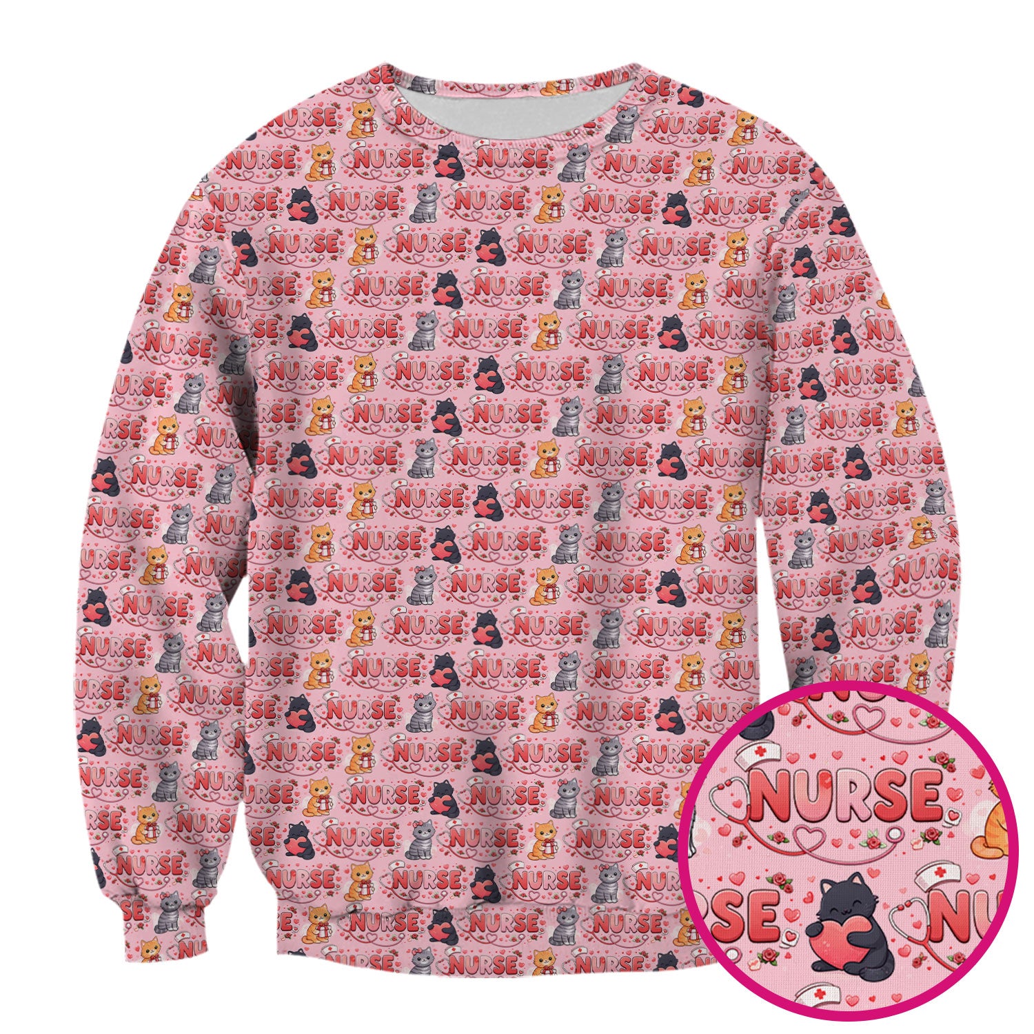 Nurse Cat Heart Pattern Valentine Scrub Top, Comfortable Scrubs for Nurses