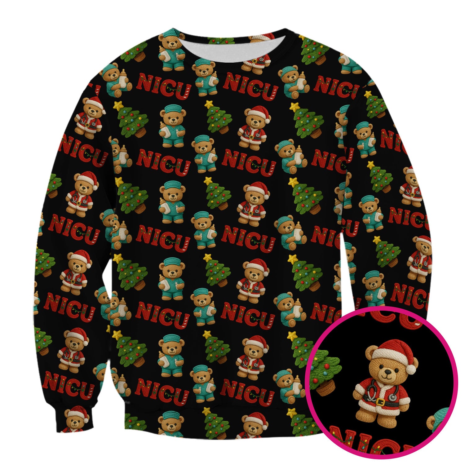 Festive Christmas NICU Nurse Teddy Bear Pattern, Breathable Fabrics Nursing Uniform