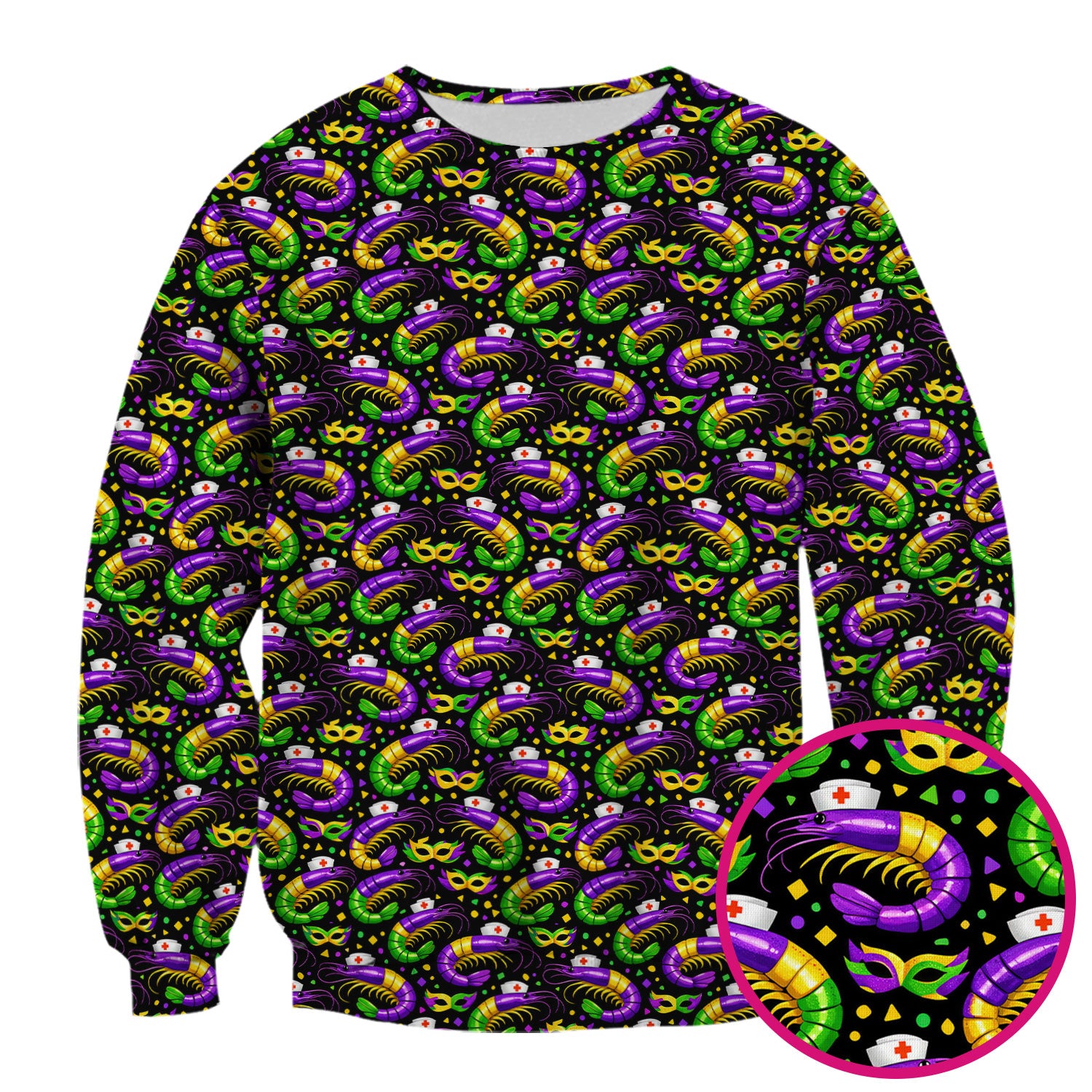 Mardi Gras Pattern Scrub Top, Crawfish Carnival Medical Nurse Scrub Shirt, Breathable Fabrics Nursing Uniform