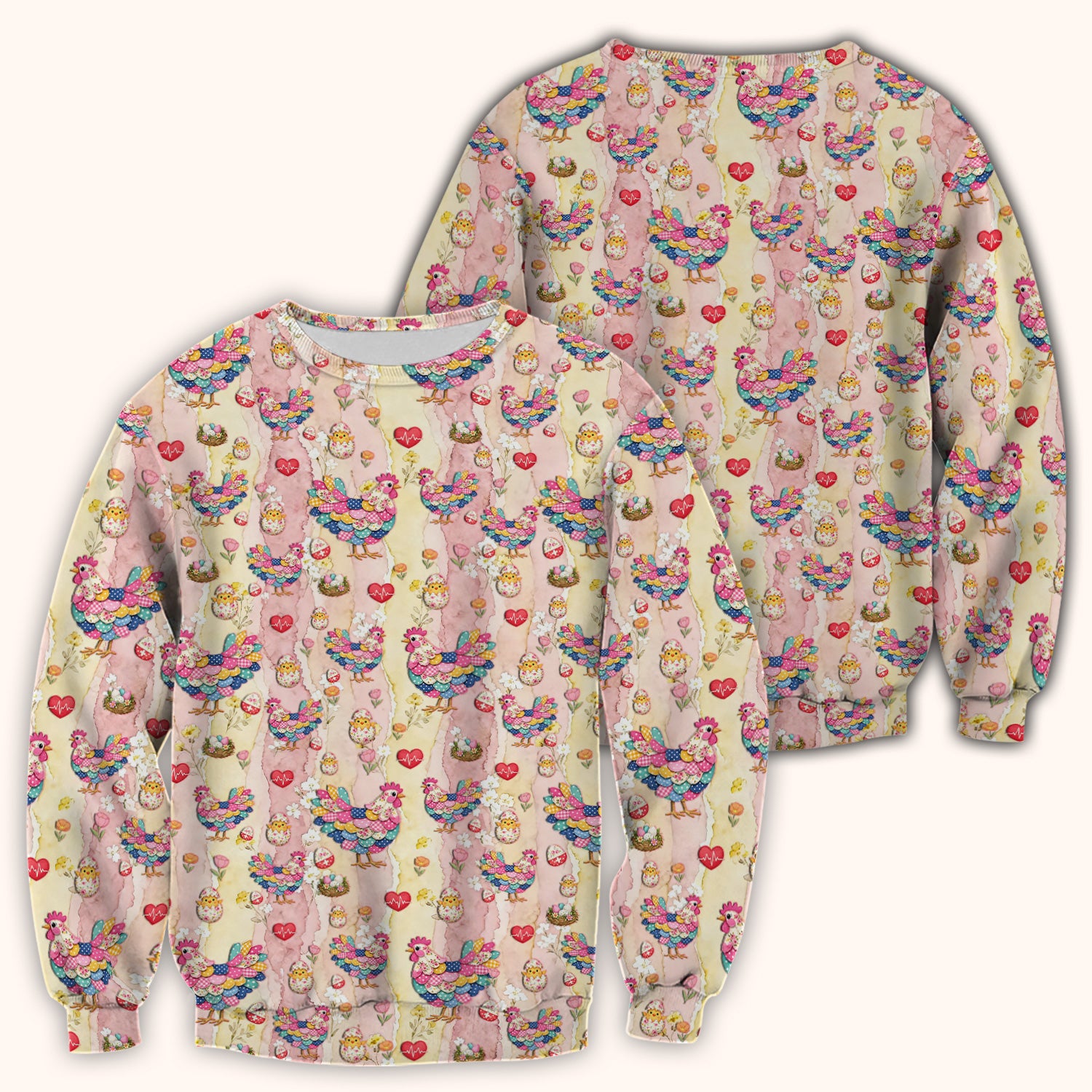 Colorful Chicken Easter Eggs Heart Pattern Scrubs Top, Breathable Fabrics Nursing Uniform