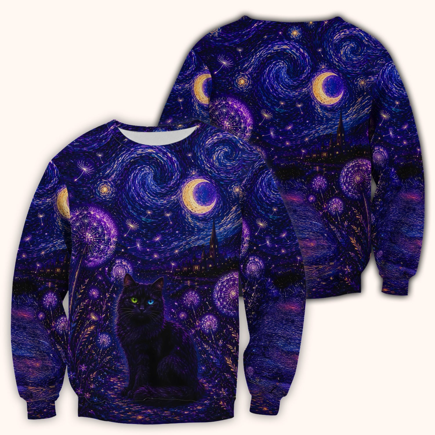 Mystical Black Cat Starry Night Print Scrub Top, Comfortable Scrubs for Nurses