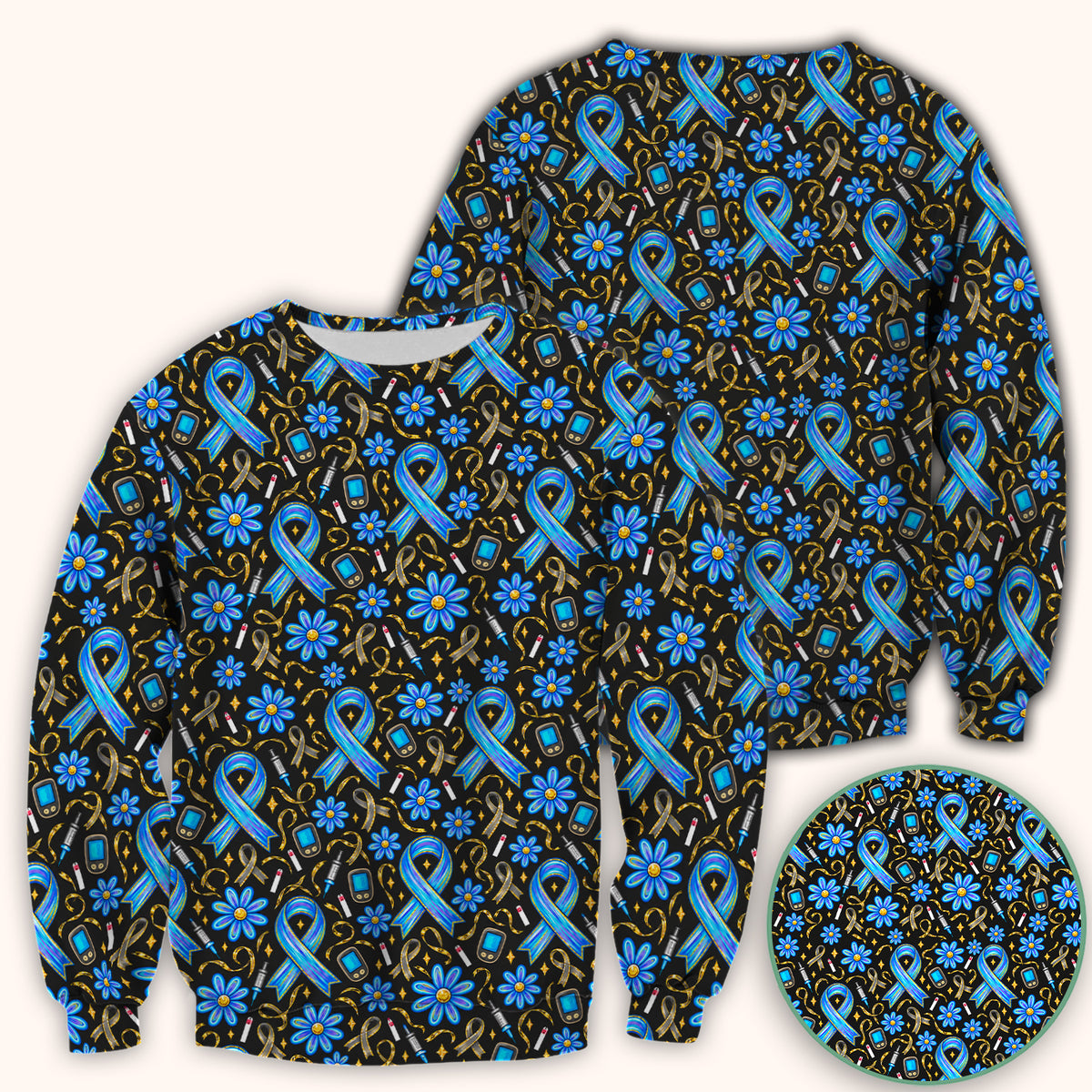 Diabetes Awareness Ribbon Pattern Scrub Top, Comfortable Scrubs for Nurses