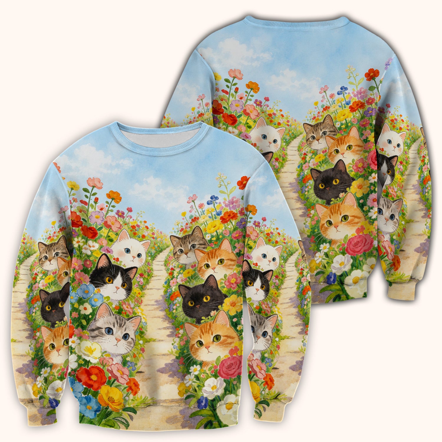 Cute Garden Cats Flower Path Pattern Scrub Top, Comfortable Scrubs for Nurses