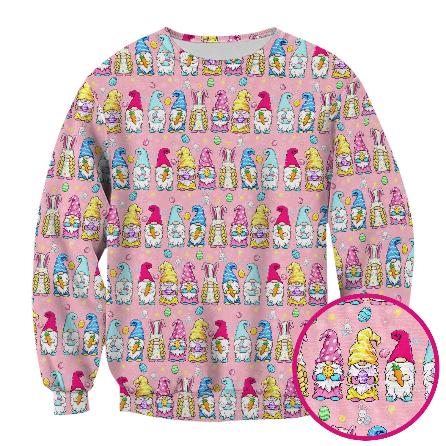 Colorful Easter Gnome Bunny Eggs Print Scrub Top, Comfortable Scrubs for Nurses