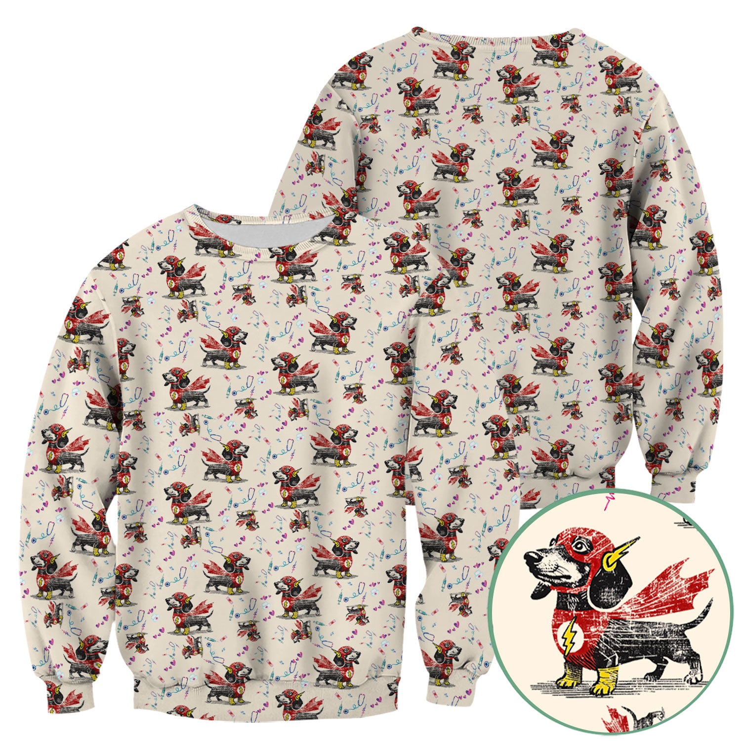 Dachshund Hero Scrub Top for Nurses - Super Nurse Funny Flash Dog Print Medical Uniform Shirt - Cute Sausage Dog Gift for RN CNA LPN