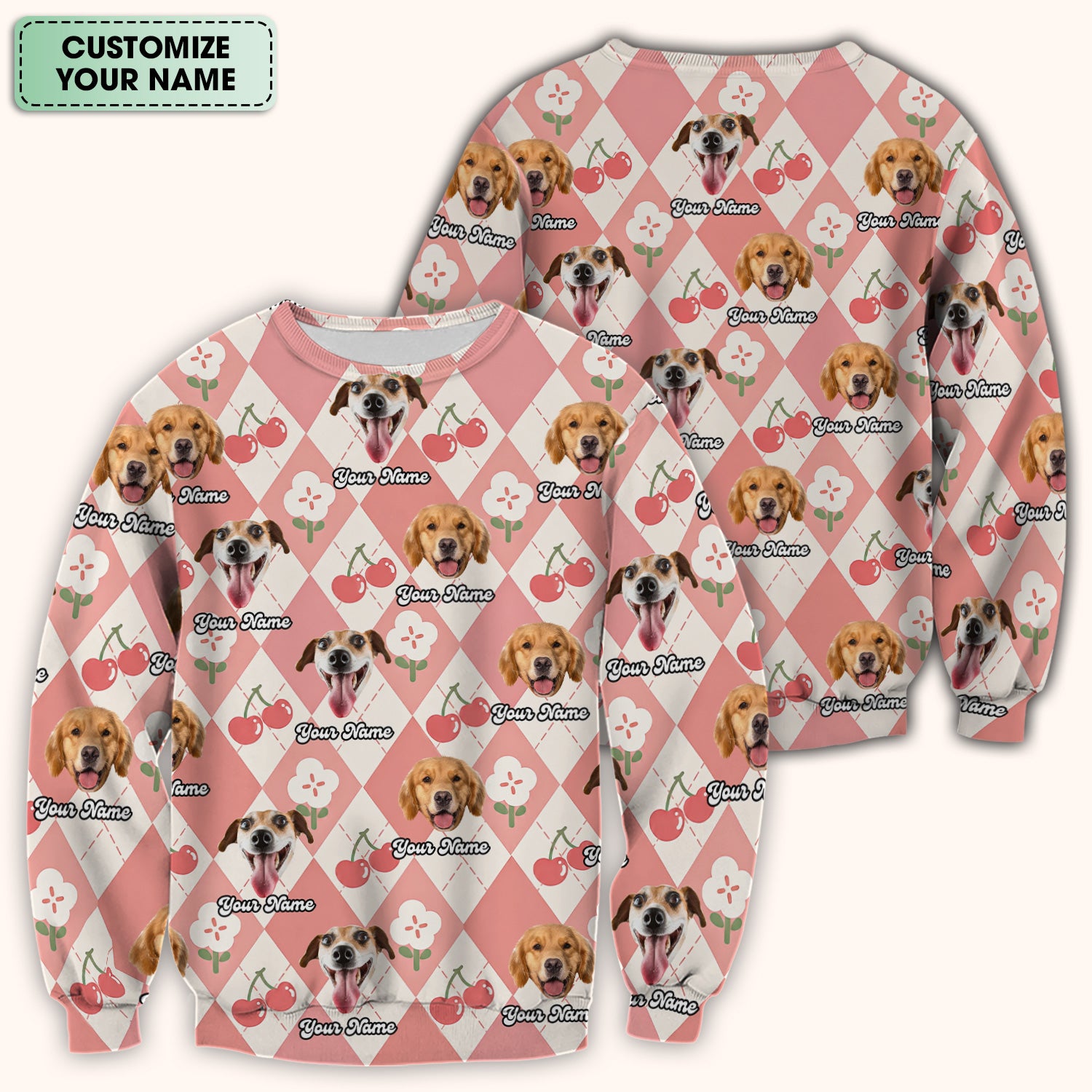 Custom Dog Face Scrub Top, Playful Dog Cherry Argyle Pattern Shirt, Comfortable Scrubs for Nurses