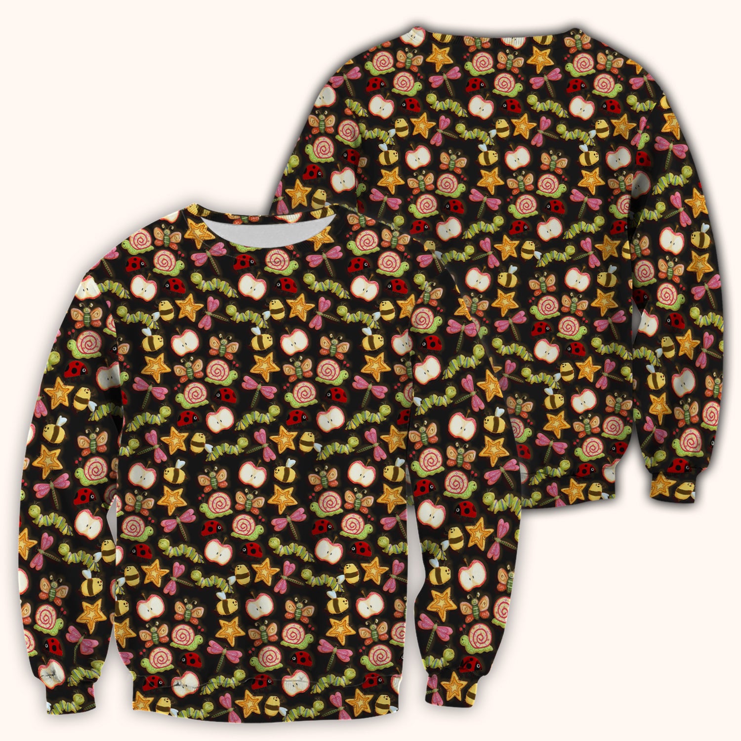 Cute Nurse Snail Ladybug Caterpillar Apple Garden Pattern Scrub Top, Breathable Fabrics Nursing Uniform