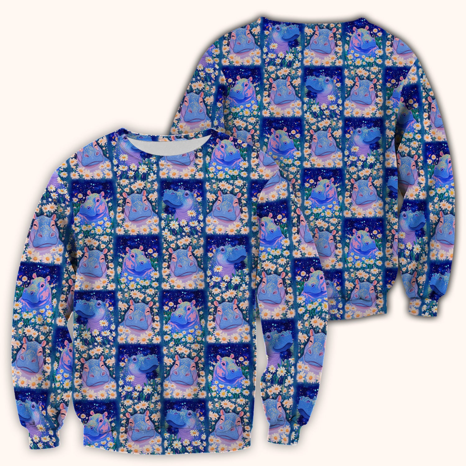 Cute Hippo Daisy Floral Patchwork Scrub Top, Breathable Fabrics Nursing Uniform