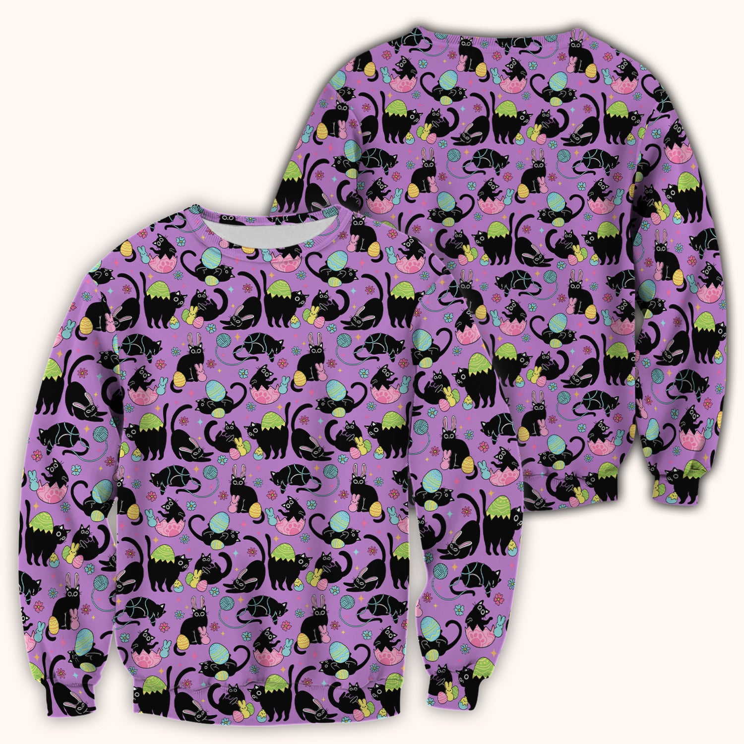 Funny Easter Black Cat Egg Pattern Scrub Top, Breathable Fabrics Nursing Uniform