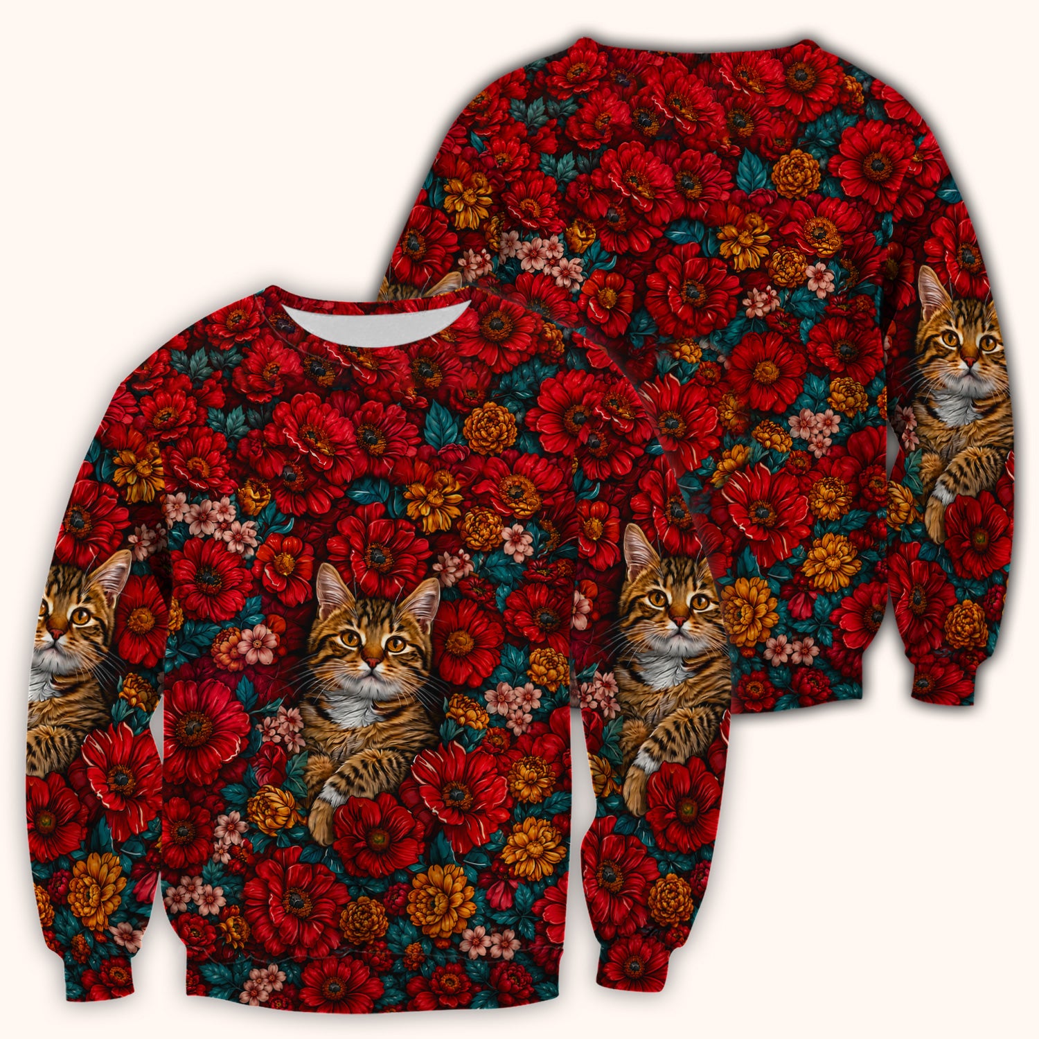 Adorable Tabby Cat Floral Garden Pattern Scrub Top, Comfortable Scrubs for Nurses