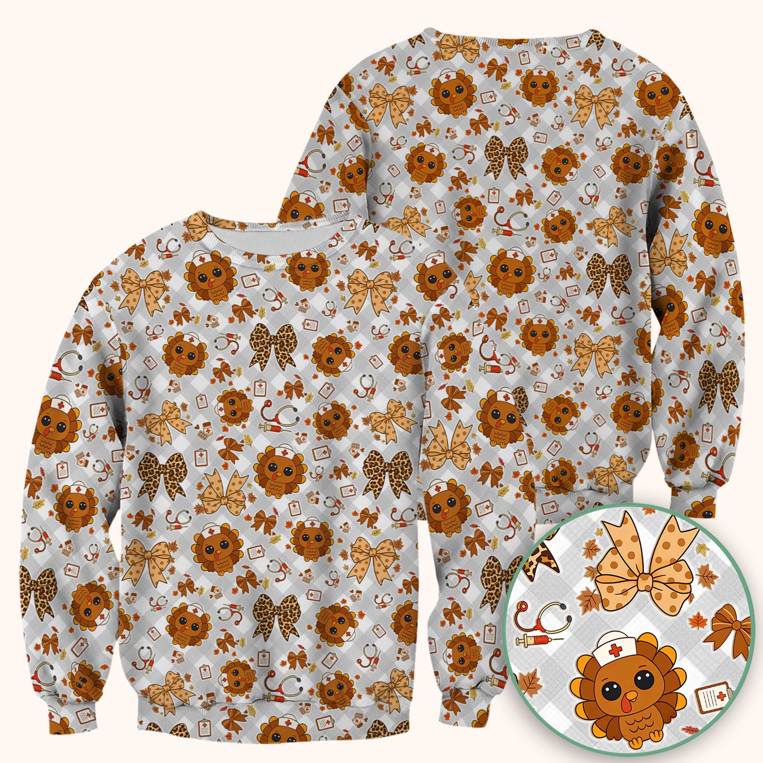 Thanksgiving Turkey Scrub Top for Nurses - Cute Fall Leaves and Bow Shirt - Funny Autumn Nursing Gift for Women RN LPN CNA