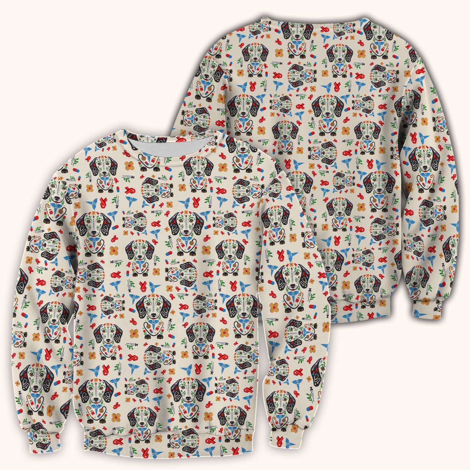 Dachshund Medical Icon Pattern Scrub Top, Comfortable Scrubs for Nurses