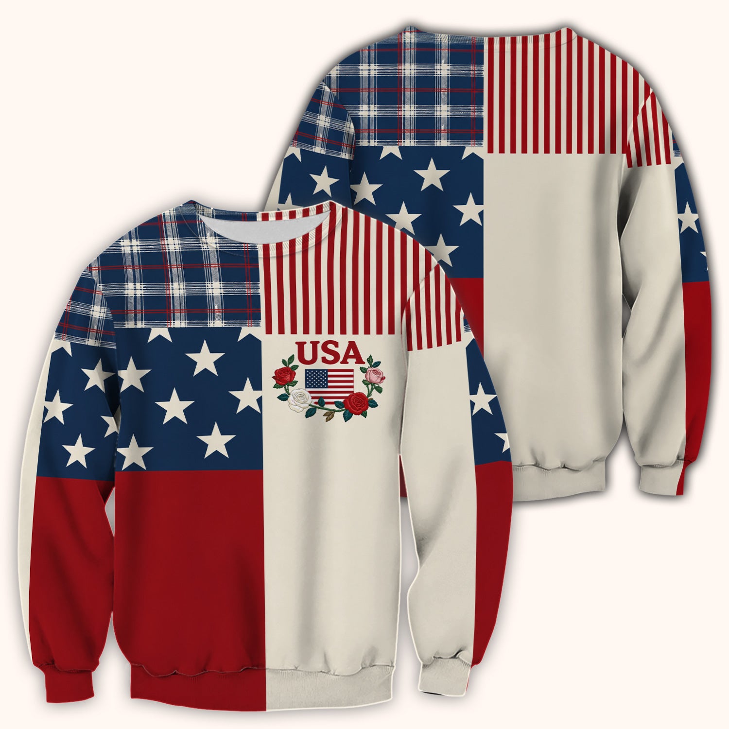 USA Flag Rose Patchwork Pattern Scrub Top, Comfortable Scrubs for Nurses