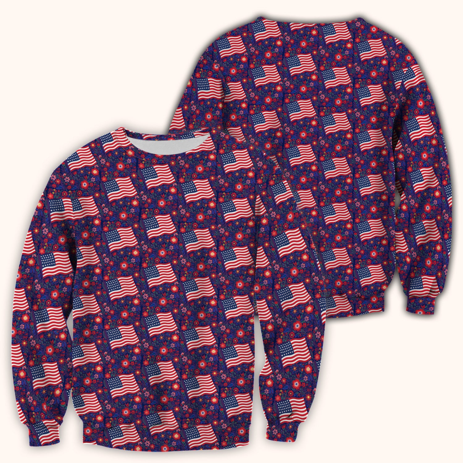 Patriotic USA Flag With Floral Fireworks Pattern Scrub Top, Breathable Fabrics Nursing Uniform