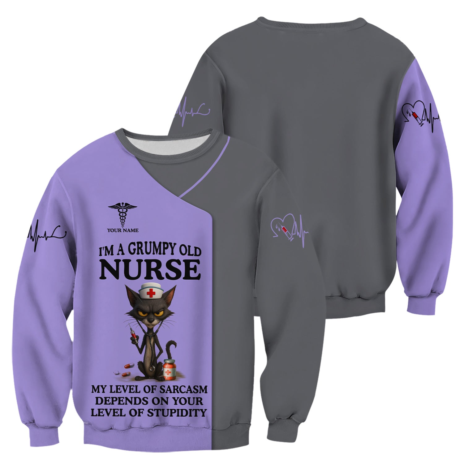 Sarcastic Grumpy Old Nurse Shirt - Black Cat Humo & Caduceus Symbol Design - Personalized Gift for RN LPN CNA Healthcare Workers