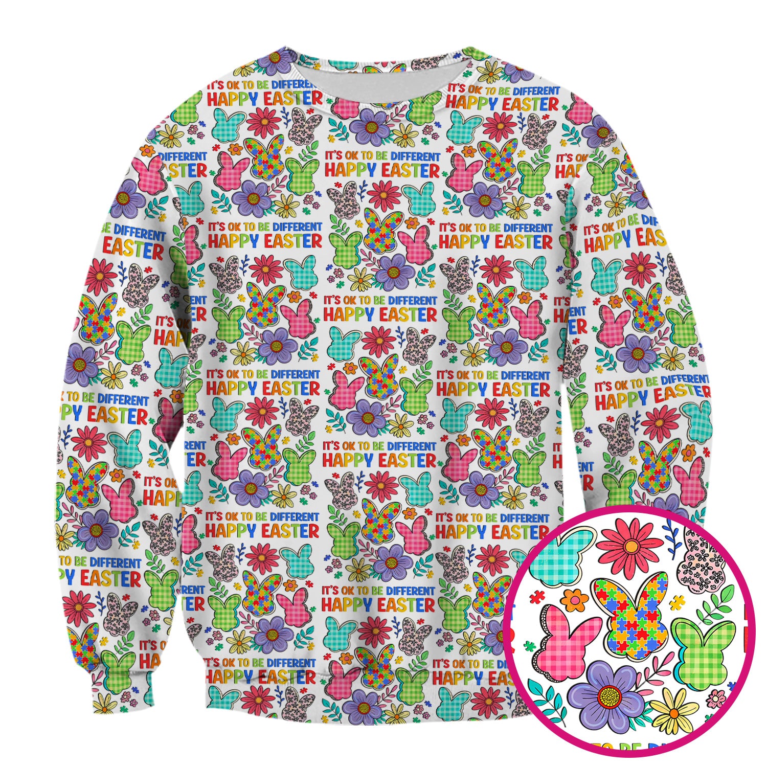 Happy Easter Bunny Floral Print Scrub Top, Breathable Fabrics Nursing Uniform
