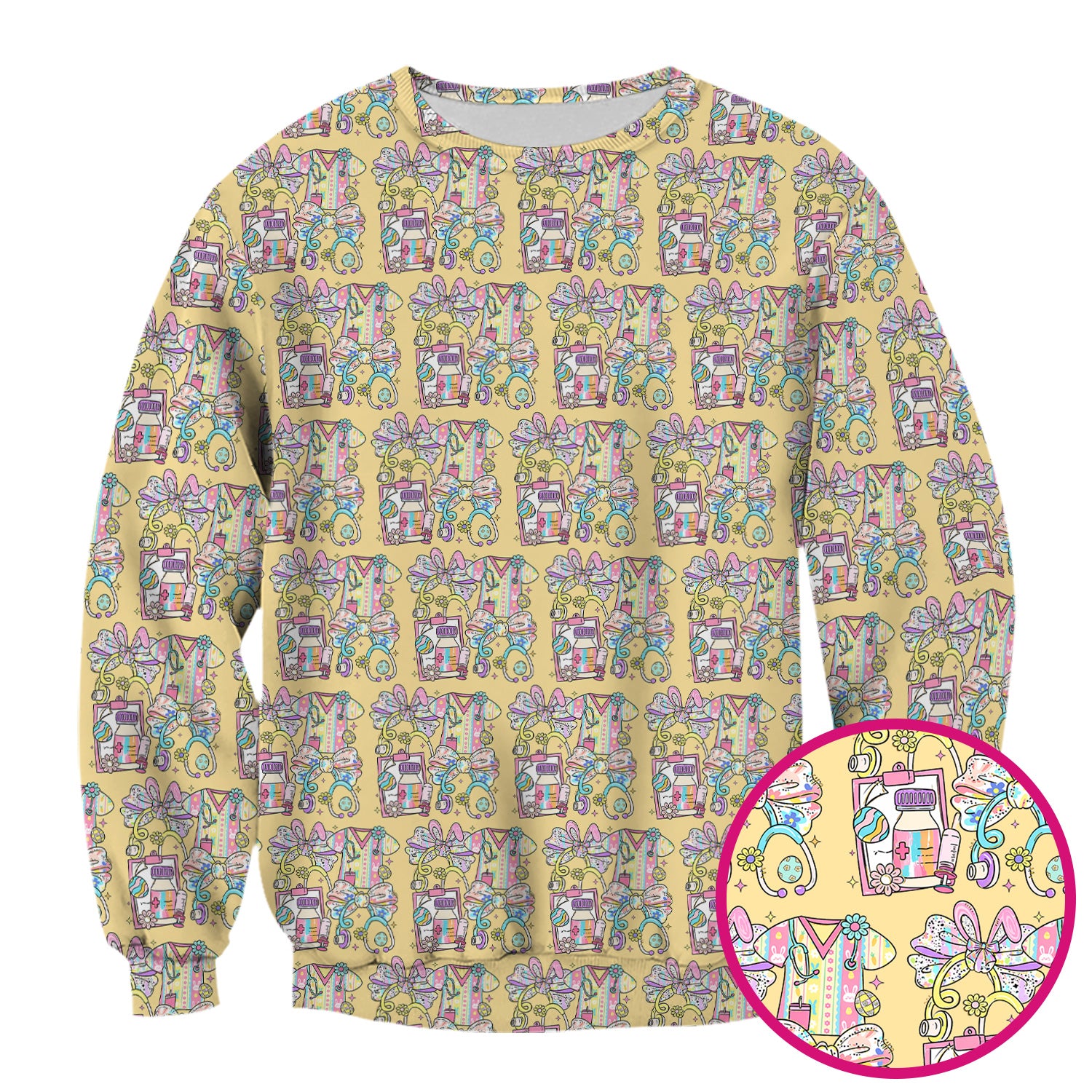 Colorful Nurse Scrub Supplies Pattern Scrub Top, Breathable Fabrics Nursing Uniform