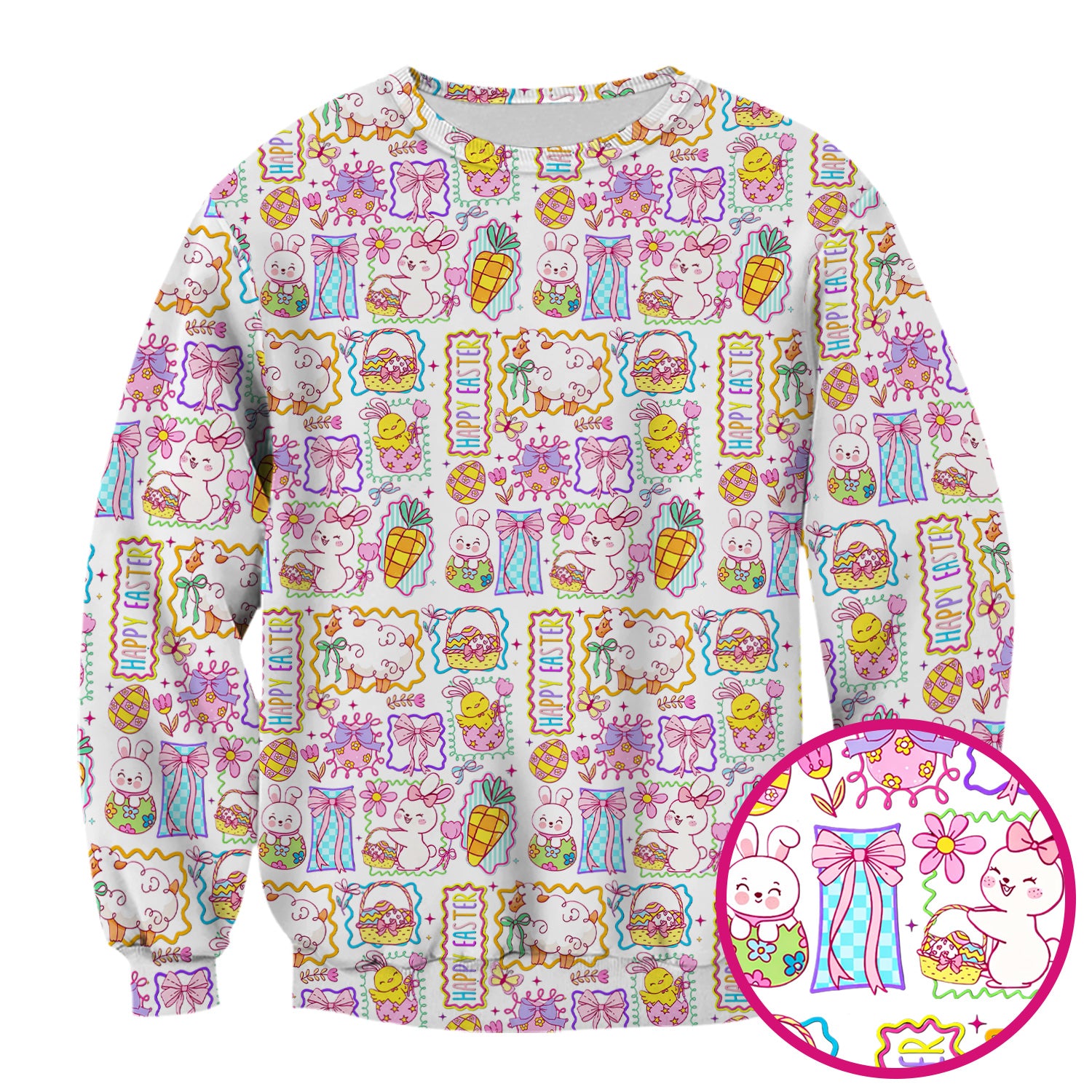 Cute Easter Bunny Egg and Bow Print Scrub Top, Breathable Fabrics Nursing Uniform