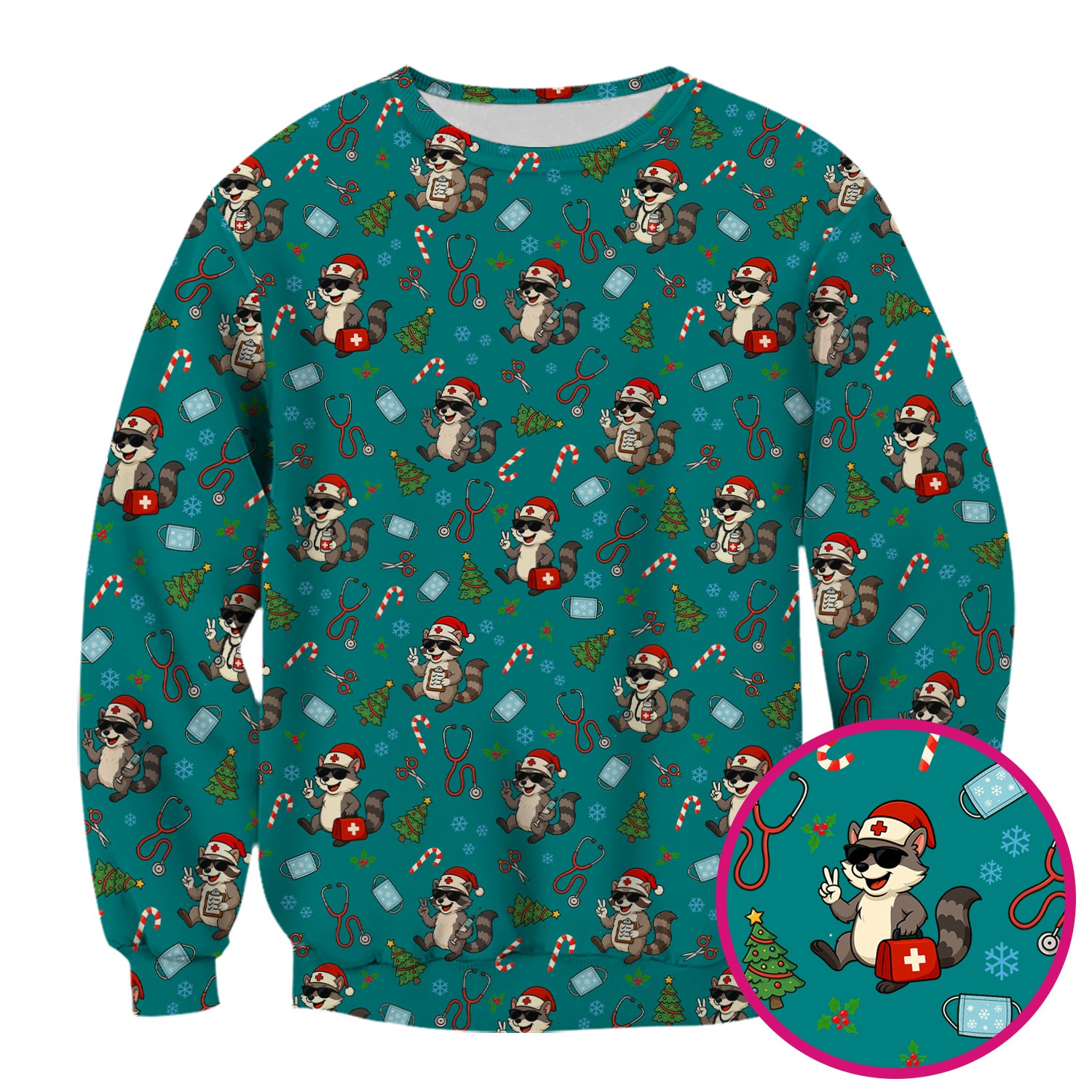 Cute Raccoon Christmas Scrub Top - Santa Hat and Stethoscope Pattern Nurse Scrubs - Funny Holiday Medical Shirt Gift for RN CNA LPN