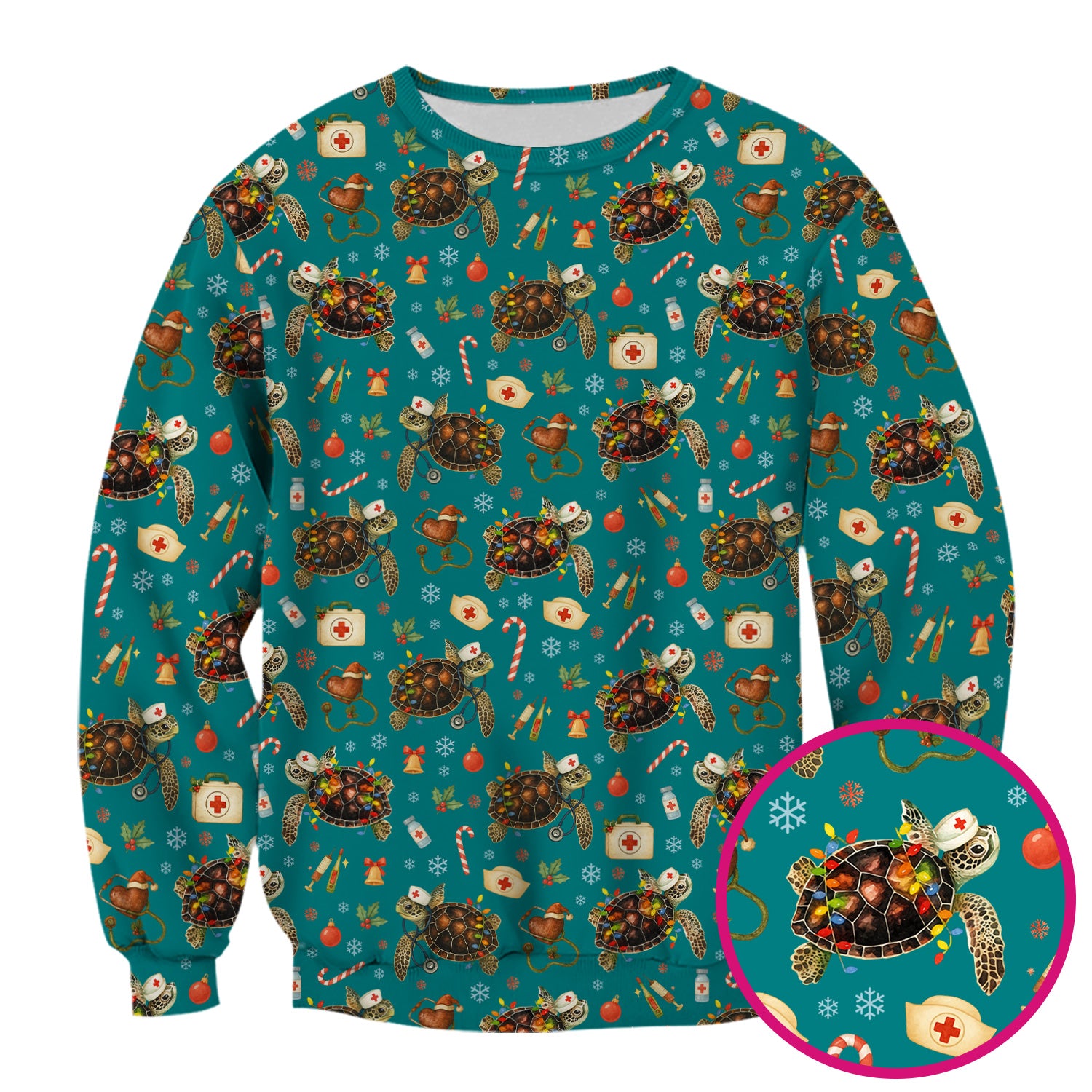 Funny Christmas Scrub Top - Sea Turtle with Xmas Lights Shirt - Holiday Nurse Scrubs for Women