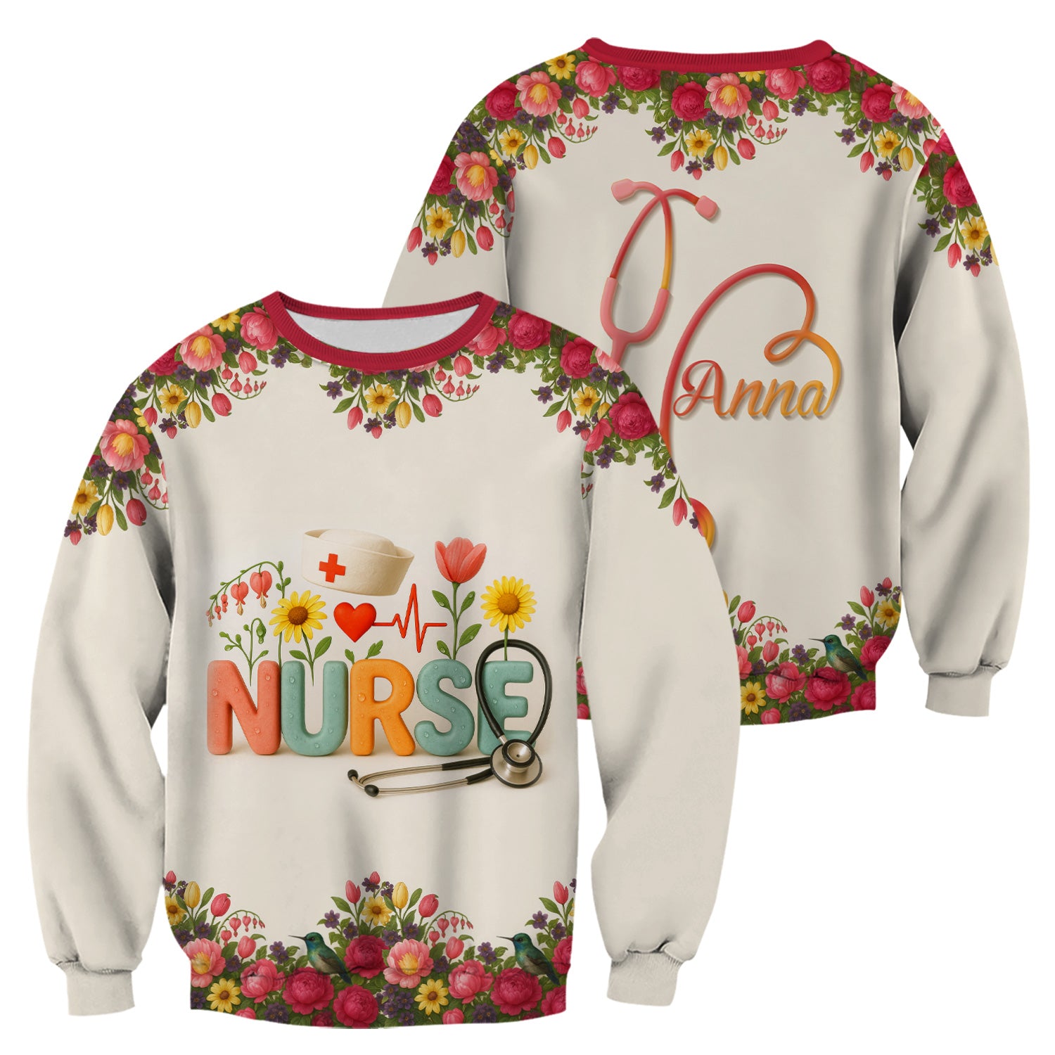 Personalized Floral Nurse Shirt with Name - Cute Colorful Flowers and Stethoscope Design - Thoughtful Gift for Women RN CNA LPN in Healthcare and Nursing Profession
