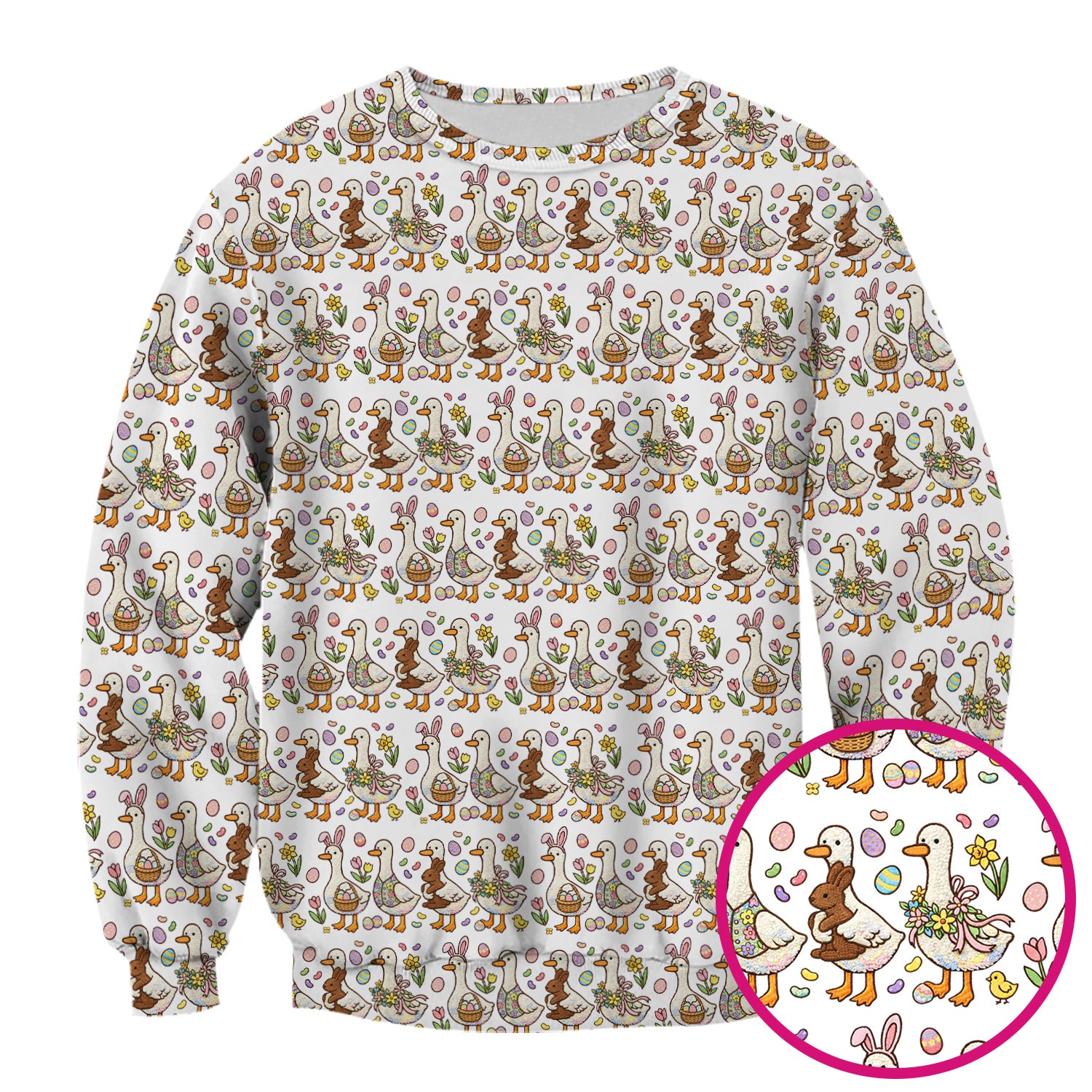 Easter Theme Duck and Bunny Egg Floral Print Scrub Top, Comfortable Scrubs for Nurses