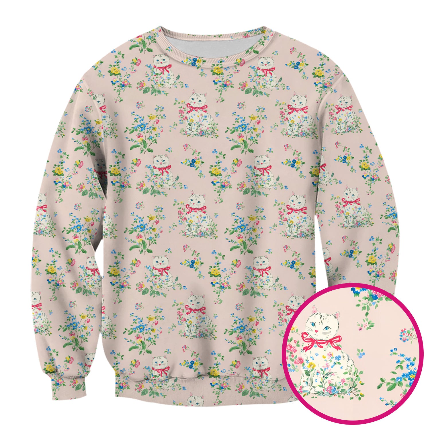 Vintage Floral Cat Print Scrub Top, Comfortable Scrubs for Nurses