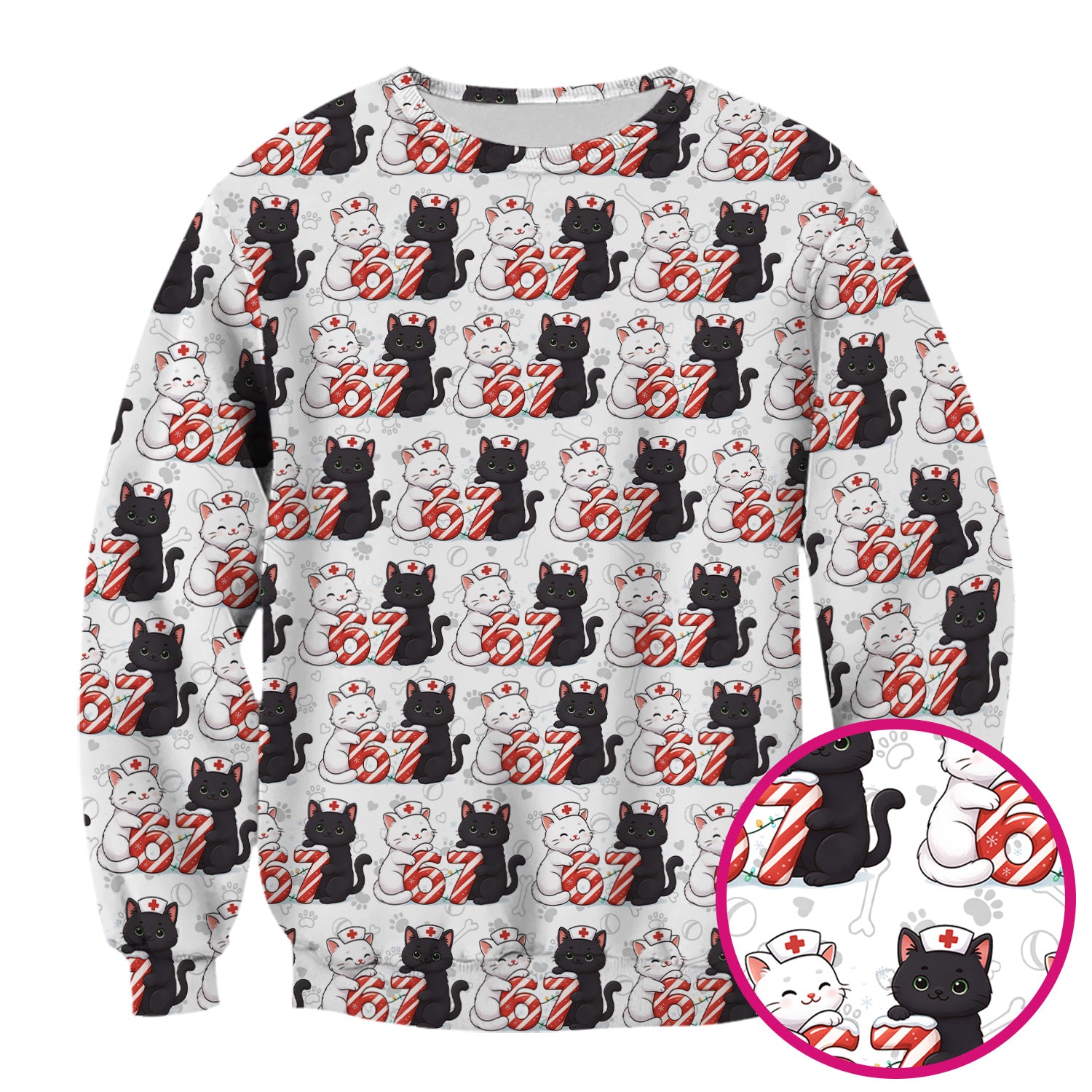 Xmas Cat Pattern Scrub Top, Christmas Nurse Six Seven With Cat Scrub Shirt, Breathable Fabrics Nursing Uniform